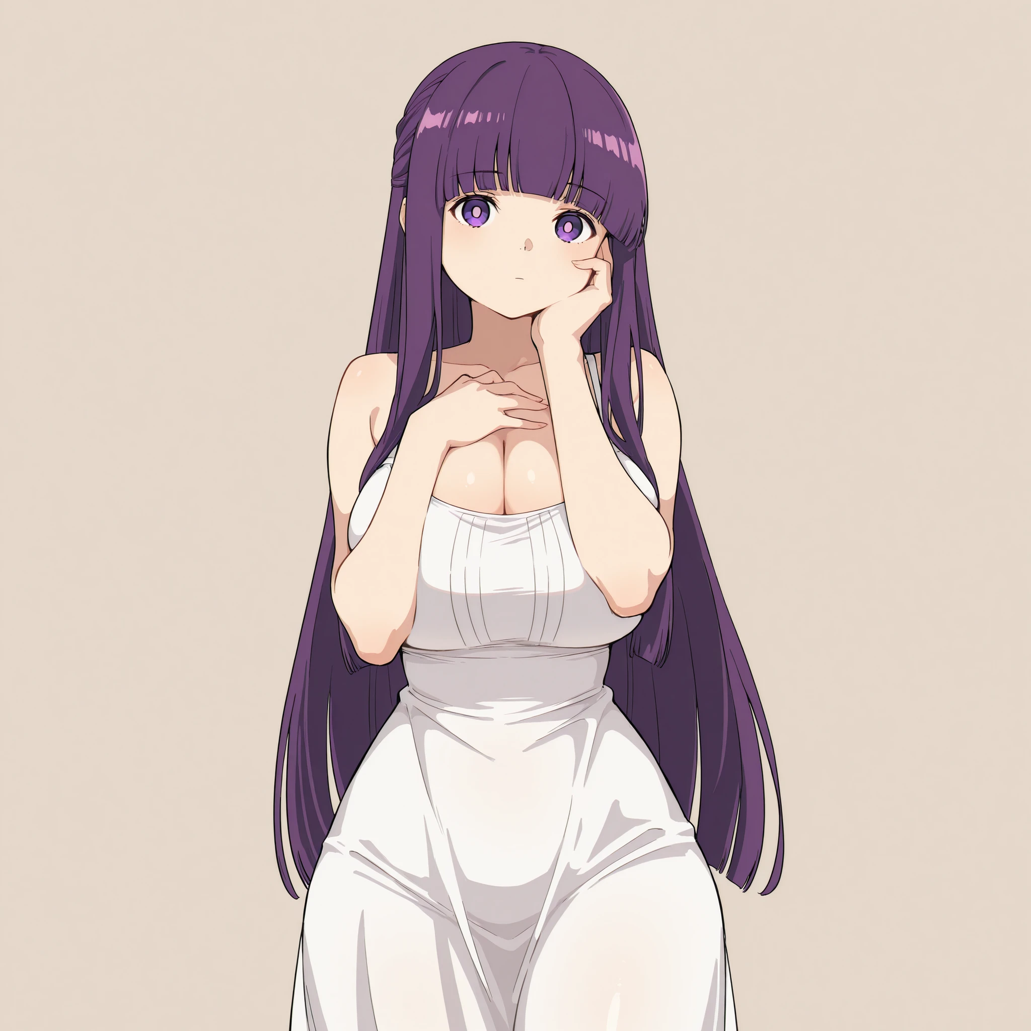 masterpiece, ultra-HD, impressionism, high detail, best quality, very aesthetic, 8K, best quality, beautiful, ultra-high resolution, 32K UHD, 1girl, solo, Fern, purple hair, long hair, purple eyes, bright pupils, blunt bangs, hime cut, , narrow waist, wide , thick thighs, shapely legw, slim, white sundress, shoulders, cleavage, blushed, expressionless, cute, hand over , hand on cheek, standing, looking at viewer, simple background, from the front view