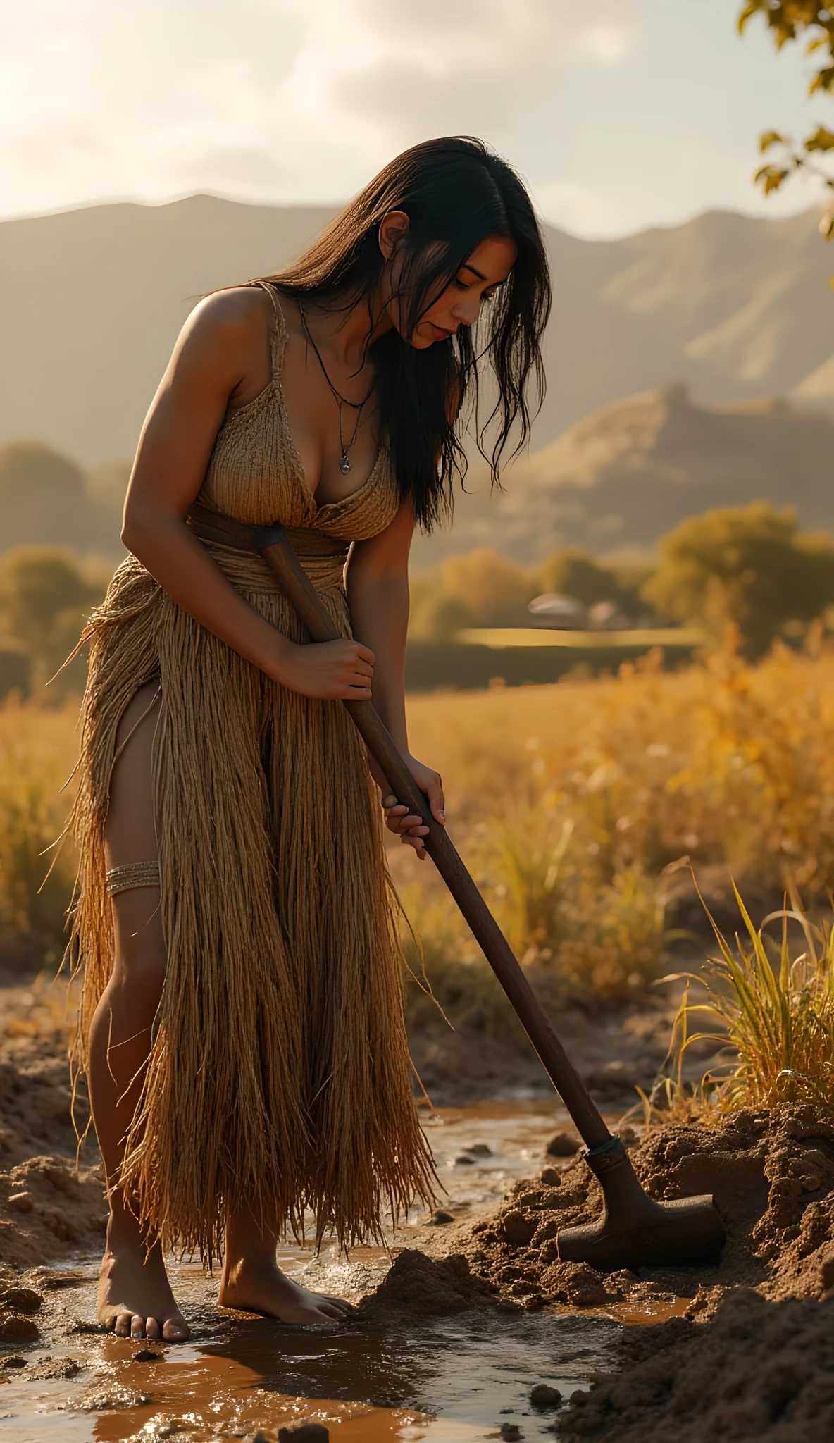 Ancient prehistoric age era, 
Stone age era, 

((Realistic cinematography ultra wide depth intense stunning orderly tile soil of farm field angle of scenery)),an Egyptian female farmer is using a realistic hoe farmtool to plowing the wet mud,(hardworker),(agriculture),((a female tribe)),wearing full coverage long straw primitively fabric kimono long coat and straws toga dress gown,,,(perfectly depth symmetrically curvy bosomy body shapely),(cinematic dynamically camera angle scenery:accurately depicted:1.3),the lively prehistoric muddy farm field depicting scenery,,realistically full depth,(cinematography dynamic angle|hyperrealistic:realistic scenery:3d texture over the scenery),autumn season,best videography angle,hdr,(cinematography vibe),primitive wardrobe,(dynamic image composition),(octane 3d rendering|50mm lens shot:1.3),(lifelike skin texture:lifelike thick hairs:realism),(best rule of third photography composition),(best image aperture),(full details depth of field),(best shutter speed),(RAW photo image),(photorealistic|photorealism:hyperrealism style),(realistic depth 3d:cgi:1.3),(trending on cgsociety:devianart:unreal engine 5),,(best photography:national Geographic style), fantasyPunkAi and stonePunkAi artwork, digital art,best lighting concept,(realistic fixed truly fully human's anatomy body+hands+and+fingers anatomical),inspired by farcry5 game artwork.