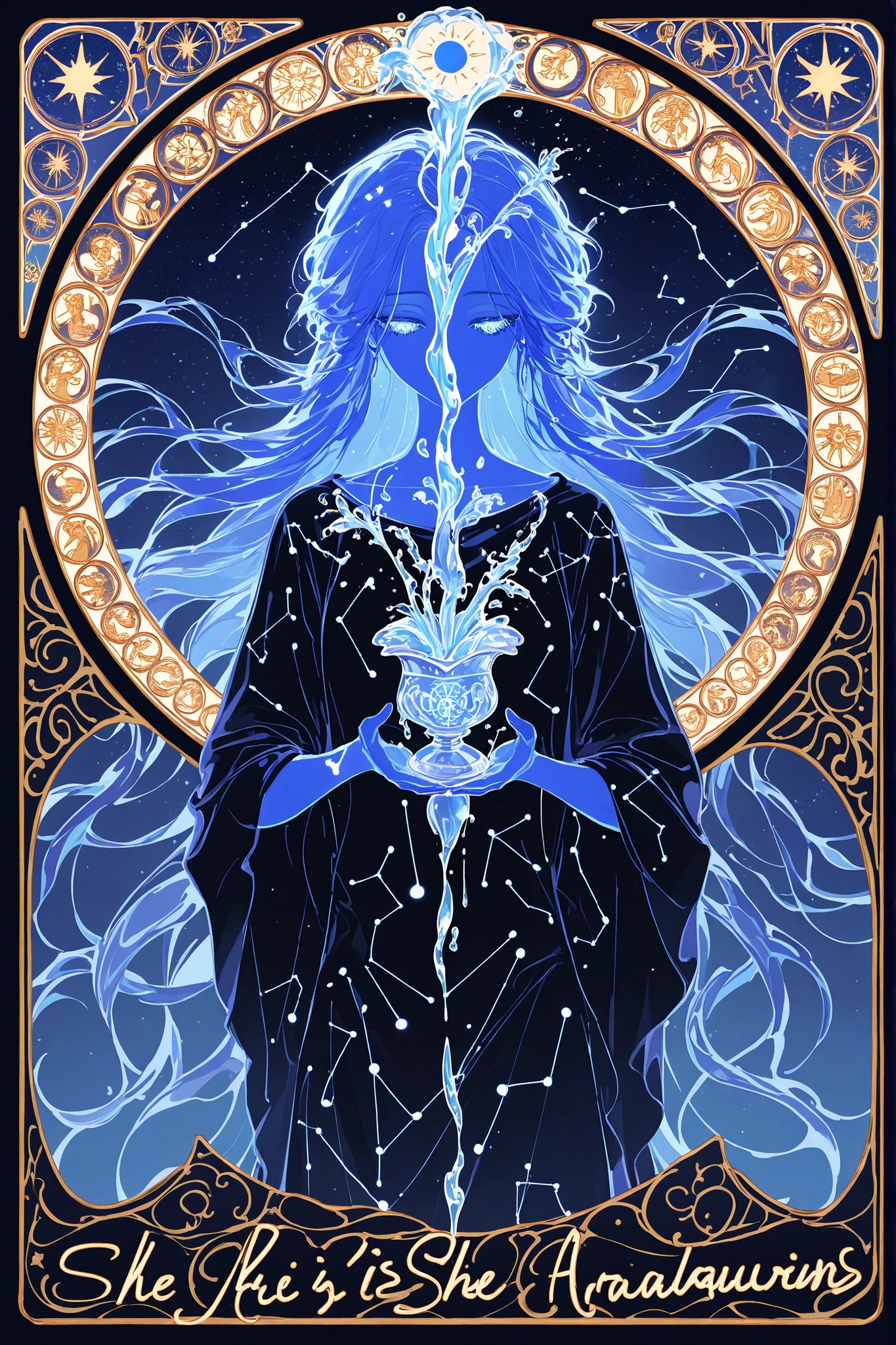 (glowing,xxx667_illu,ArsMJStyle, Art Nouveau,)The constellation of Aquarius. The girl with the blue hair. She is wearing a Greek tunic. She is holding a marmalade vase from which water is pouring. (In the background: the starry sky of the zodiac signs in the Art Nouveau style. The sun and moon are on opposite sides of the sky.)