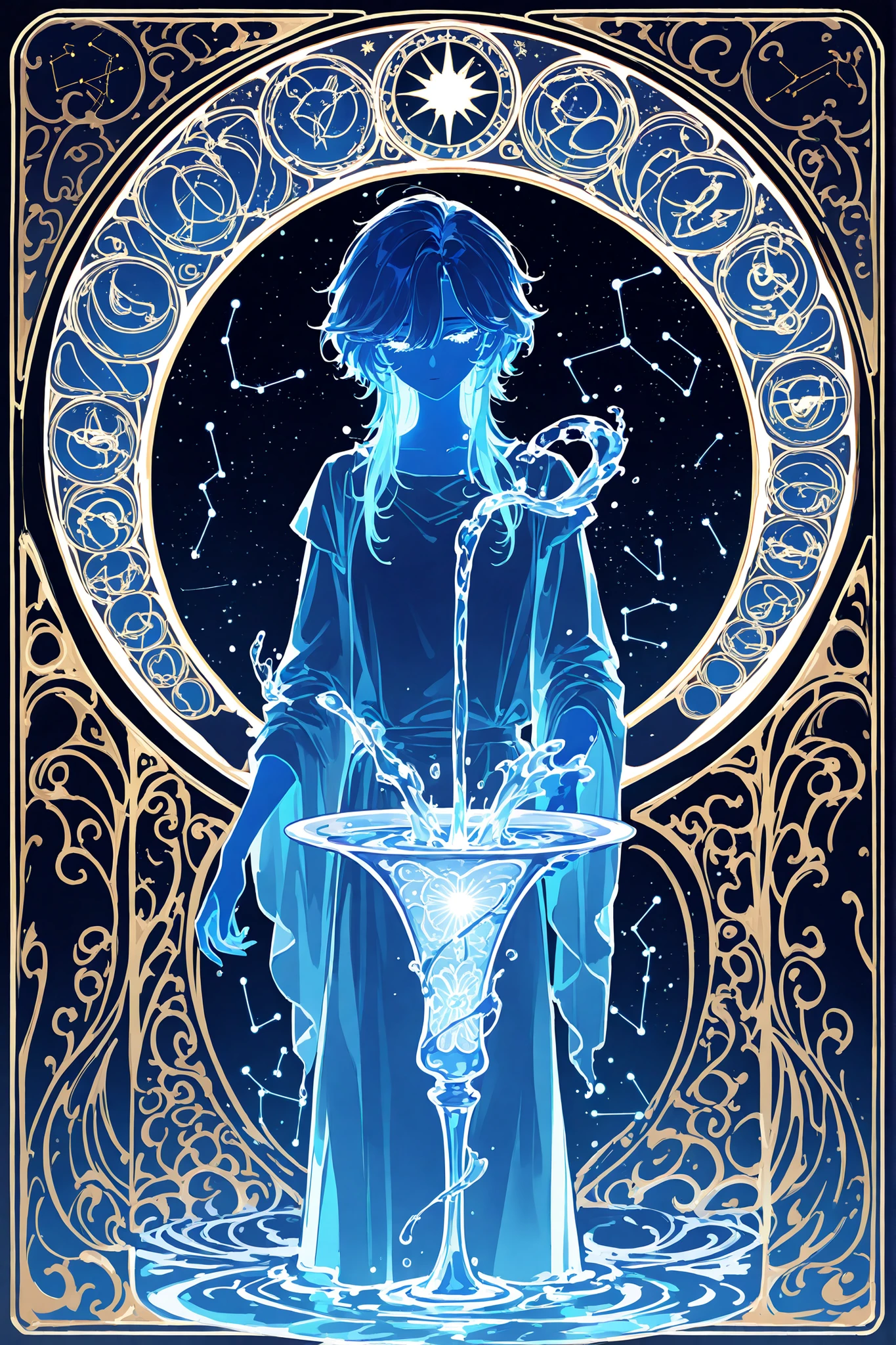(glowing,xxx667_illu,ArsMJStyle, Art Nouveau,)The constellation of Aquarius. The girl with the blue hair. She is wearing a Greek tunic. She is holding a marmalade vase from which water is pouring. (In the background: the starry sky of the zodiac signs in the Art Nouveau style. The sun and moon are on opposite sides of the sky.)