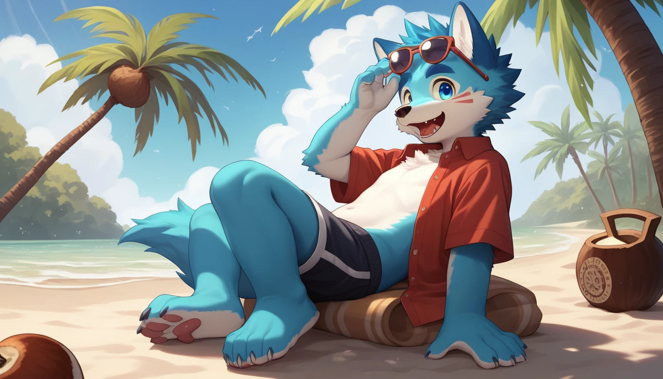(Male, anthropomorphic, shark, purple eyes, fluffy hair, sinister look, top position) (Male, anthropomorphic, seagull, bottom position) ((beach setting))