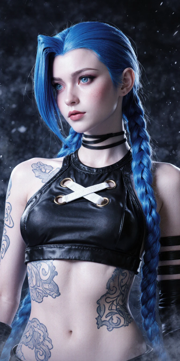 8K, Top Quality, Intricate Details, Ultra Detail, Ultra High Resolution, Masterpiece, full body, Slender, Smile, (Makeup: 0.4), (Fluffy Blue Eyes: 1.21), blue Eyes, looking at viewer, ((full body)), 1girl, solo, 1 girl, (( full body)), close up shot, , ((tall)), (((fit body))), (((slim face))), sharp face, sharp eyes, (((light blue hair, bangs )) , (detailed face), sharp face, small lips, standing,
(( )), ((crop top )), detailed face, detailed , , large , detail , , Beautiful girl with accentuated slender abs: 1.4, Six Pack Abs: 1.4, Botox, Big, Perfect Body, detail leg, (( dark background)), black background, full body,