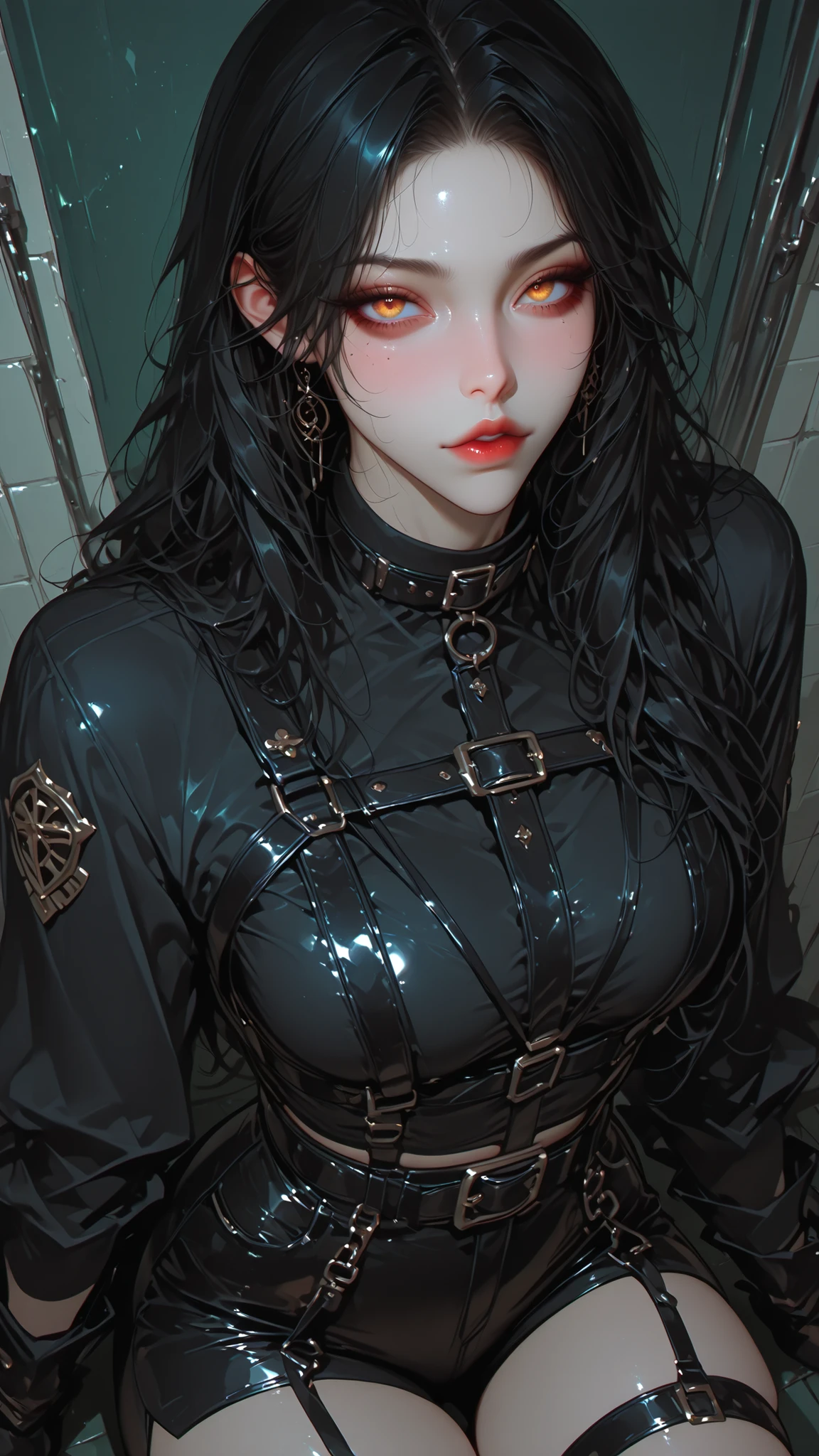 Anime girl in a black outfit standing in front of a store, dressed in punk clothes, shiny, latex, anime girl dressed in a black dress ,   goth anime girl , Who wears a punk outfit , blue and black,  anime character;  full body art , 80's anime vibe,  aesthetic appearance of a goth girl ,  anime illustration , cinematic lighting, drop shadow, backlighting, multiple monochrome, UHD, Retina, masterpiece, Accurate,  Anatomically Correct , textured skin, Super detail, high details, high quality,  award winning , best quality,  highres, 1080P, HD, 16K
