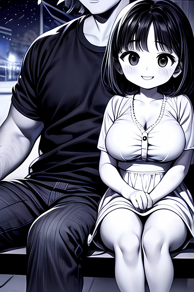 ((( Line art ))),((( monochrome:1.1))),,(((couple sitting:1.5))),1boy,1girl, couple,hetero,(((ideal ratio body proportions))),iris , Dark Eyes ,( small eyes ),(Slanted Eyes) ,(open eyes),(((black hair))),( short bob hair ),bangs ,((( smile)) ),((short stature)),((big breasts)),(disproportionate breasts),(((white dress ))),((short puff sleeve)),(ribbon),button,flared skirt ,pantyhose,gray loafers,((amazed)), leaning on person,(looking at viewer ),upper body,(((girl focus))),((at night)),(face close up),in the park,on the bench,