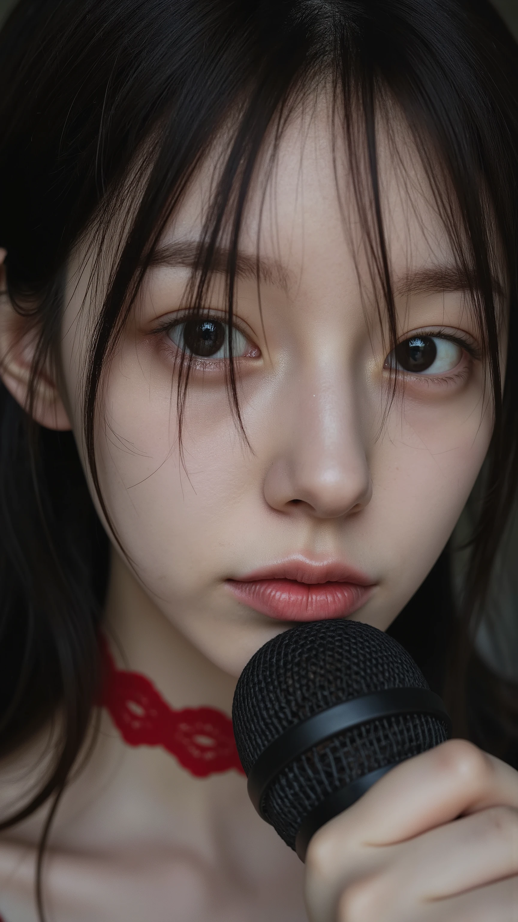 ultra high resolution, Artistic Portraits, androgynous face close up,
Singing voice of a woman holding a microphone with both hands. Singing with sweaty hair, sweaty.
sharp blue eyes, hair that flutters in the wind, natural, mysterious, Realistic light skin, Fine Details, Piercing Black Eyes, Long Black Hair With Visible Forehead.
Dramatic side lighting, gloomy atmosphere, detailed skin texture, Fashion Photography Style, Editorial Quality. red lace choker on neck, eyes that look like being sucked in. Emotional Eyes,