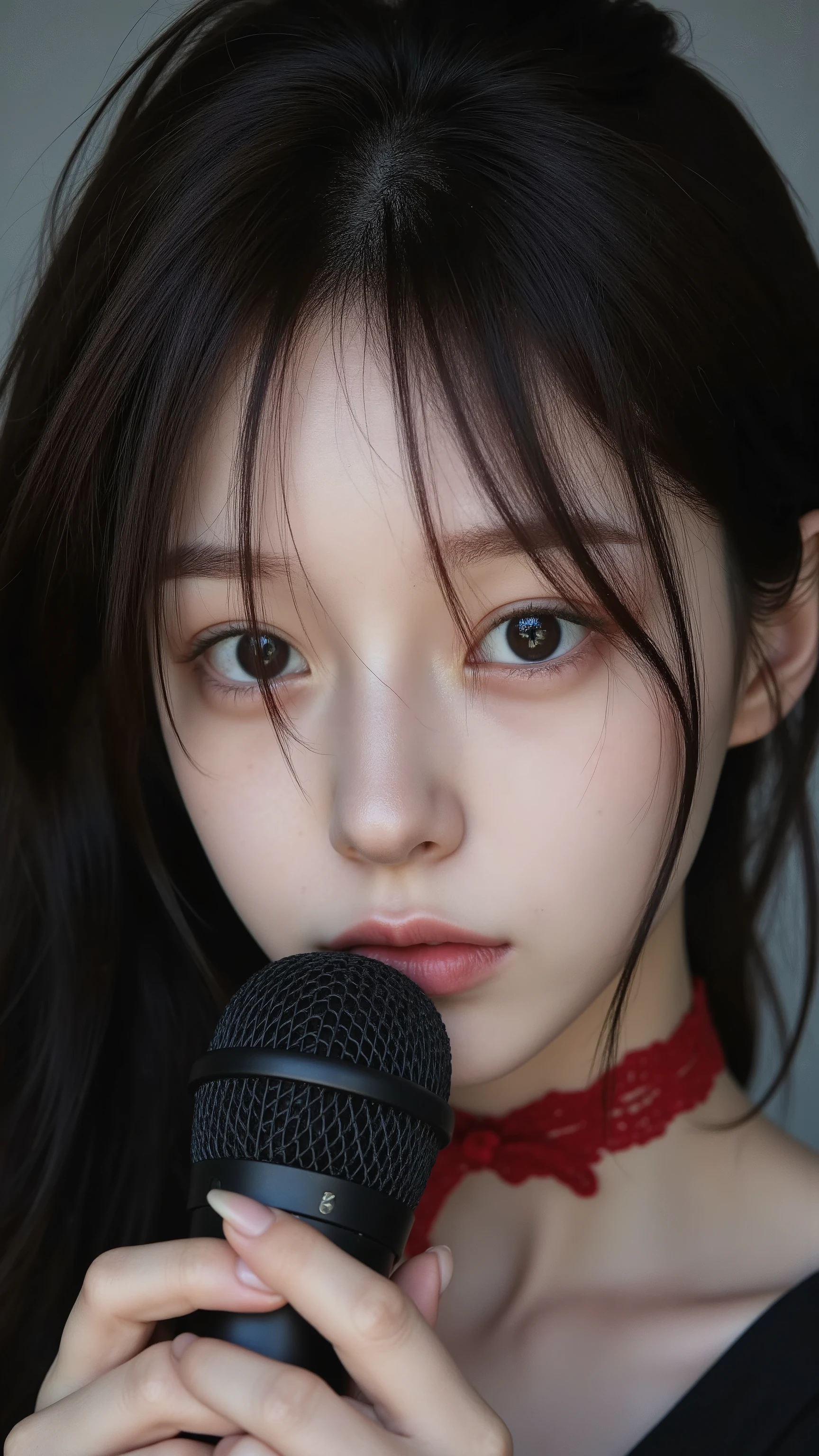 ultra high resolution, Artistic Portraits, androgynous face close up,
Singing voice of a woman holding a microphone with both hands. Singing with sweaty hair, sweaty.
sharp blue eyes, hair that flutters in the wind, natural, mysterious, Realistic light skin, Fine Details, Piercing Black Eyes, Long Black Hair With Visible Forehead.
Dramatic side lighting, gloomy atmosphere, detailed skin texture, Fashion Photography Style, Editorial Quality. red lace choker on neck, eyes that look like being sucked in. Emotional Eyes,