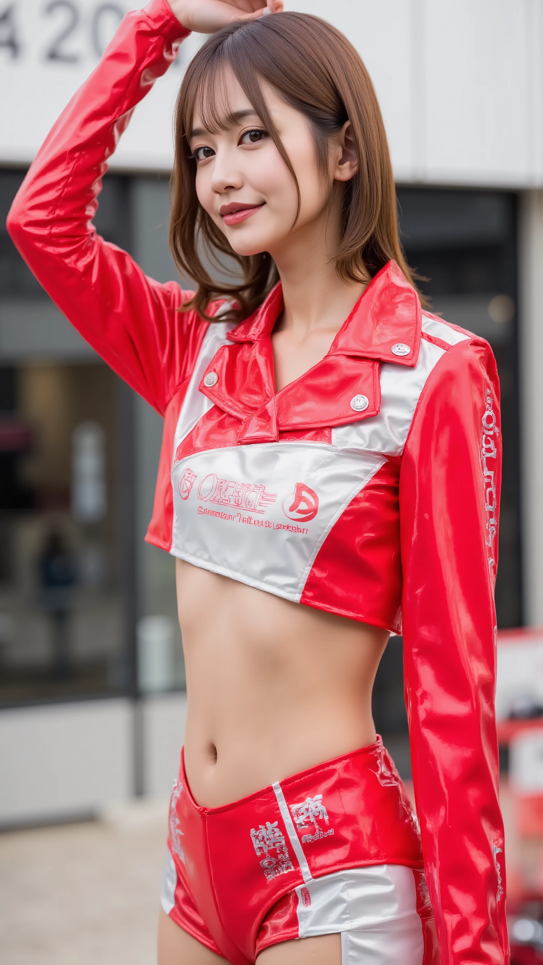 "(solo), (( gorgeous)), Enchanting, ((Race Queen of the Year Award Winner)), (  like live action ), watch viewers, (cowboy shot with arms raised), attractive face, (Very detailed face,  (cute face), (beautifully balanced face),  beautiful  eyes, detailed eyes, long  beautiful  eyelashes,  beautiful  light pink lipstick, Silky skin, detailed depiction of prominent skin in the city, Sparkling, natural makeup, かすかなsmile yang),  beautiful  hair,   my hair, (short layered pixie hairstyle), Between the eyes, ( beautiful  eyes:1.3), Enchanting体,  (( beautiful  Ab crask:1.5)), (Smart Abs:1.2), (Vertical navel:1.2),  beautiful  feet, Thin thighs, 8-head body, Perfect Proportions, (Perfect Anatomy), perfect finger, perfect configuration,  SLIM ASS  , sexy, BREAK ((Race Queen Costume, leotards, jacket)), ((ハイレグleotards :1.5)), ((体にフィットする超ハイレッグleotards:1.5)), ((Red and White Costumes)), ((thighsにフィットするニーハイブーツ)), (Blurry Background), (  Tokyo Dome), ( beautiful  femail hands , detailed drawing of hands), clearly outlined hands, thighs, (intricate precise dress), Very detailed description, perfect lighting position to create the best shadows, written depth, vivid, Optimized, 最high quality, (Perfect Anatomy, Physically Accurate Depiction  ), unbelievably ridiculous, realistic, Very detailed, Exquisite and Accurate Artwork, 4K, 8k, vivid colors distribution, Graceful Paintings  , BREAK  beautiful  detailed shading,  beautiful , natural light,  beautiful  detail glow,   Depth of boundary description  , (( beautiful  Skin)), ((skin texture at the bridge)), ((realistic feel)), 最high quality, very sexy woman, Perfect Eye Alignment, (camel toe), ((In the Wind)), Race Queen, ((Concentrated)), concept art,  smile yang, high quality, masterpiece, perfect lighting, detailed hands, beautiful, [[[[ deformed limbs , Blurry, Low quality, Cartoonish, flat color, Symmetry, Extra Fingers.]]]]" 