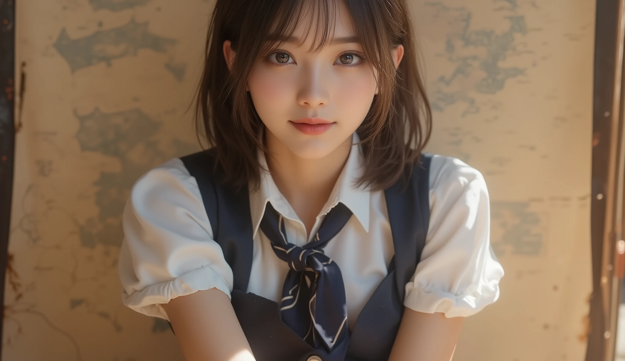 8k,ultra high res , Highest Quality, Masterpiece,rule of thirds,golden ratio,surreal,Picture, one woman between stores,masterpiece girl,perfect anatomy,dark haired,medium hair,Feathered hair,white short-sleeved blouse,navy blue vest,scarf tie, medium length tight skirt ,Neat and intelligent clothing,she looks so happy,Alone, (Japanese woman in her 20s :1.5),Cute Smiles ,Slim,Beautiful legs,thin legs,Surimi West,cabin attendant,cowboy shot,Depicting from head to waist,from above, Detailed Background, perfect eyes,information,Front Map, Depiction using the rule of thirds,bright sunshine