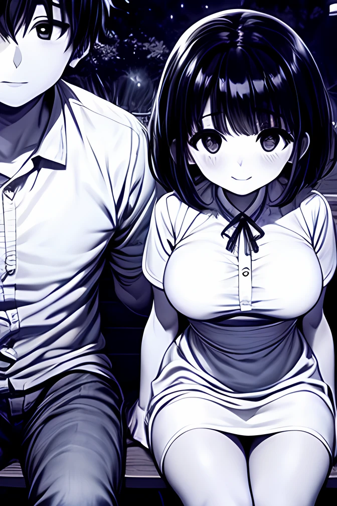 ((( Line art ))),((( monochrome:1.1))),,(((couple sitting:1.5))),1boy,1girl, couple,hetero,(((ideal ratio body proportions))),iris , Dark Eyes ,( small eyes ),(Slanted Eyes) ,(open eyes),(((black hair))),( short bob hair ),bangs ,((( smile)) ),((short stature)),((big breasts)),(disproportionate breasts),(((white dress ))),((short puff sleeve)),(ribbon),button,flared skirt ,pantyhose,gray loafers,((amazed)), leaning on person,(looking at viewer ),upper body,(((girl focus))),((at night)),(face close up),in the park,on the bench,angle from above,