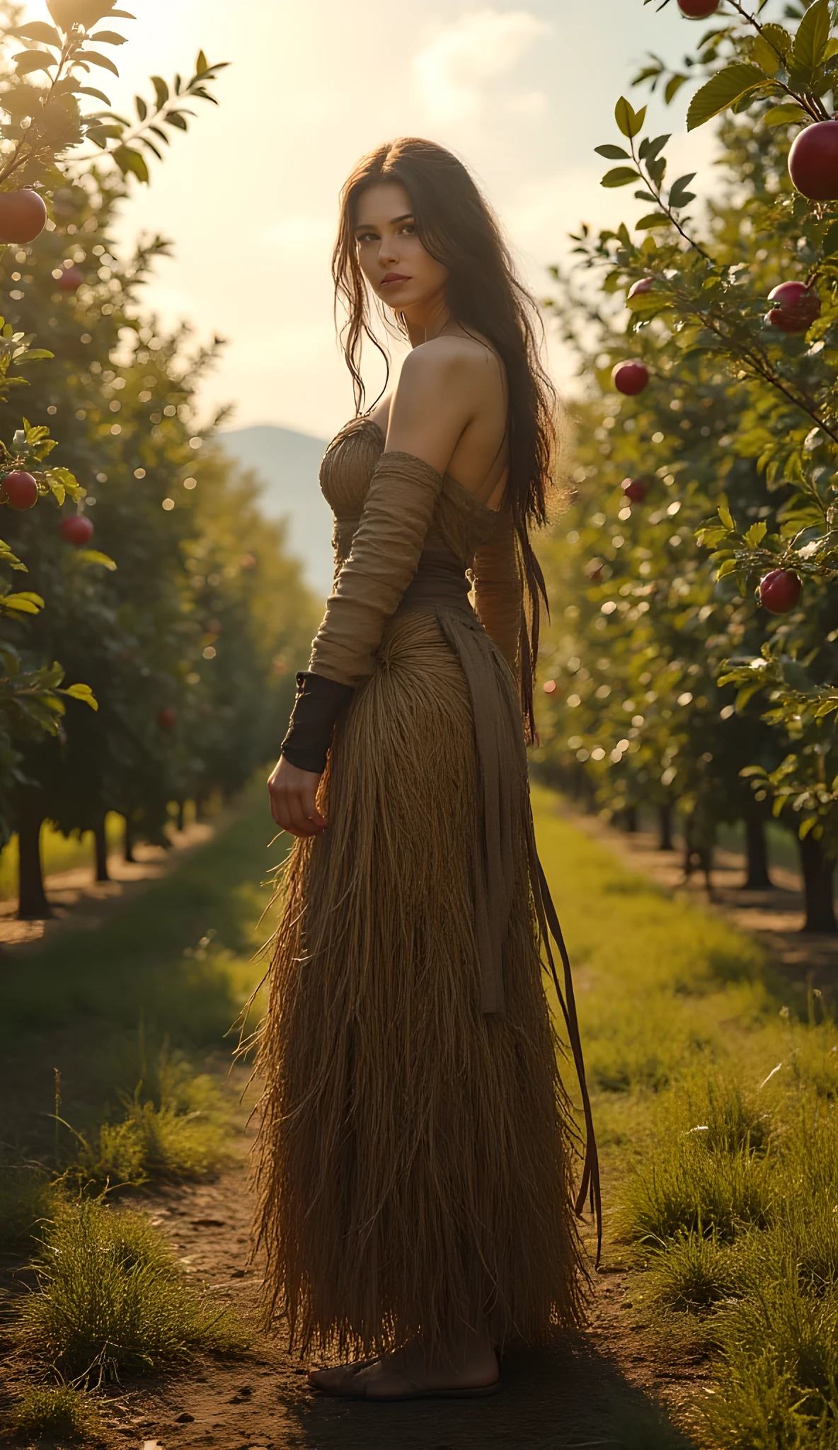 Ancient prehistoric age era,
Stone age era,
((Realistic cinematography ultra wide depth intense stunning orderly dense apple trees plantation field angle of scenery)),the detailed of a female farmer walking,(within densely apple trees plantation),(agriculture),((a farmer tribe)),wearing full coverage long straw primitively fabric long coat and straws primitive wardrobe,,wondering,(perfectly depth symmetrically curvy and busty body shapely),(cinematic dynamically camera wide angle scenery:accurately depicted:1.3),the lively prehistoric olive plantation field depicting scenery,afternoon,realistically full depth,(cinematography dynamic angle|hyperrealistic:realistic scenery:3d texture over the scenery),autumn season,best videography angle,hdr,golden hour, (cinematography vibe),primitive wardrobe,(dynamic image composition),(octane 3d rendering|50mm lens shot:1.3),(lifelike skin texture:lifelike hairs:realism),(best rule of third photography composition),(best image aperture),(full details depth of field),(best shutter speed),(RAW photo image),(photorealistic|photorealism:hyperrealism style),(realistic depth 3d:cgi:1.3),(trending on cgsociety:devianart:unreal engine 5),,(best photography:national Geographic style), solarPunkAi and greenPunkAi artwork, digital art,best lighting concept,(realistic fixed truly fully human's anatomy body+hands+and+fingers anatomical),natural motion,inspired by farcry5 game artwork.