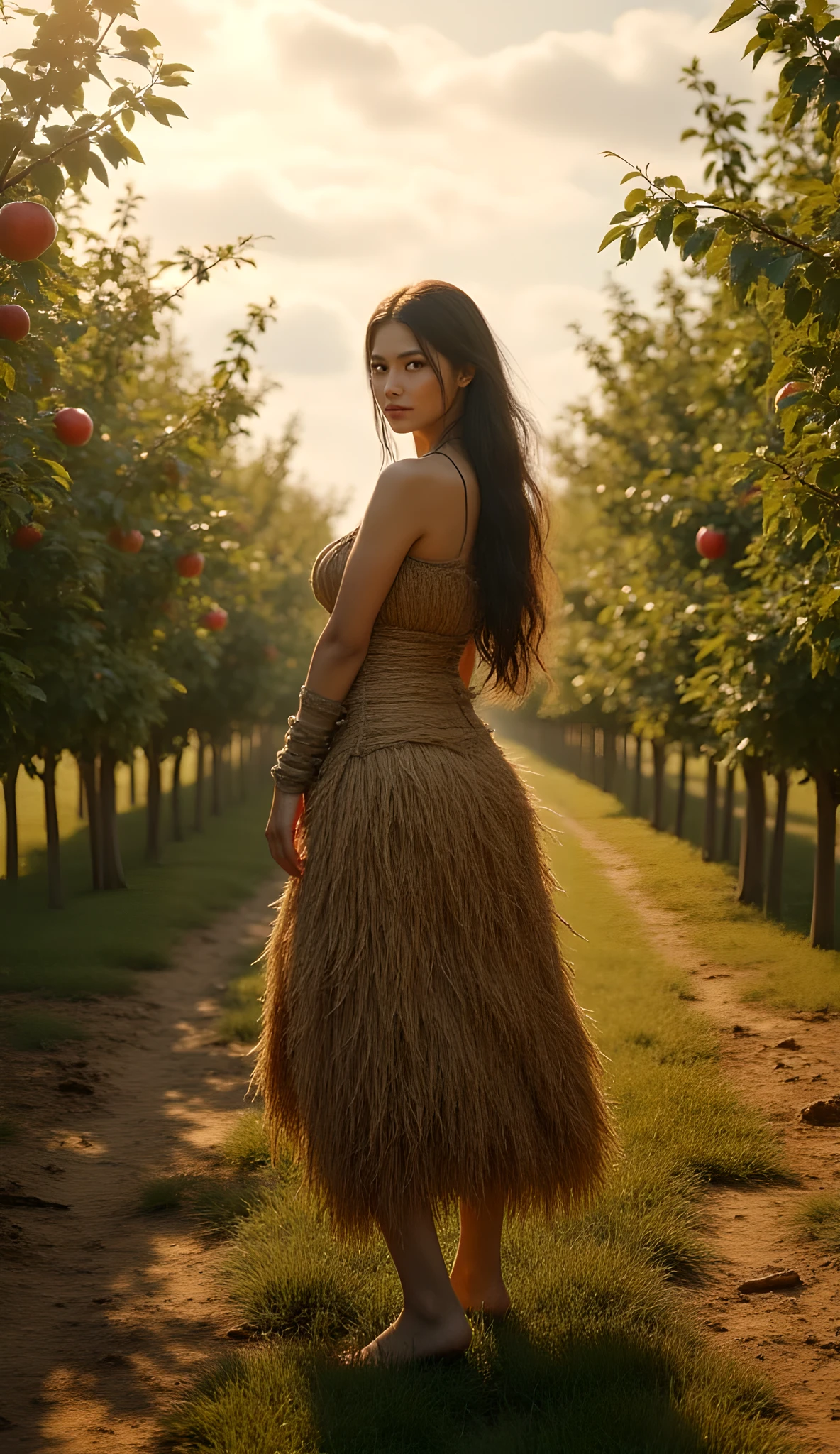 Ancient prehistoric age era, 
Stone age era, 

((Realistic cinematography ultra wide depth intense stunning orderly dense apple trees plantation field angle of scenery)),the detailed of a female farmer walking,(within densely apple trees plantation),(agriculture),((a farmer tribe)),wearing full coverage long straw primitively fabric long coat and straws primitive wardrobe,,wondering,(perfectly depth symmetrically curvy and busty body shapely),(cinematic dynamically camera wide angle scenery:accurately depicted:1.3),the lively prehistoric olive plantation field depicting scenery,afternoon,realistically full depth,(cinematography dynamic angle|hyperrealistic:realistic scenery:3d texture over the scenery),autumn season,best videography angle,hdr,golden hour, (cinematography vibe),primitive wardrobe,(dynamic image composition),(octane 3d rendering|50mm lens shot:1.3),(lifelike skin texture:lifelike hairs:realism),(best rule of third photography composition),(best image aperture),(full details depth of field),(best shutter speed),(RAW photo image),(photorealistic|photorealism:hyperrealism style),(realistic depth 3d:cgi:1.3),(trending on cgsociety:devianart:unreal engine 5),,(best photography:national Geographic style), solarPunkAi and greenPunkAi artwork, digital art,best lighting concept,(realistic fixed truly fully human's anatomy body+hands+and+fingers anatomical),natural motion,inspired by farcry5 game artwork.