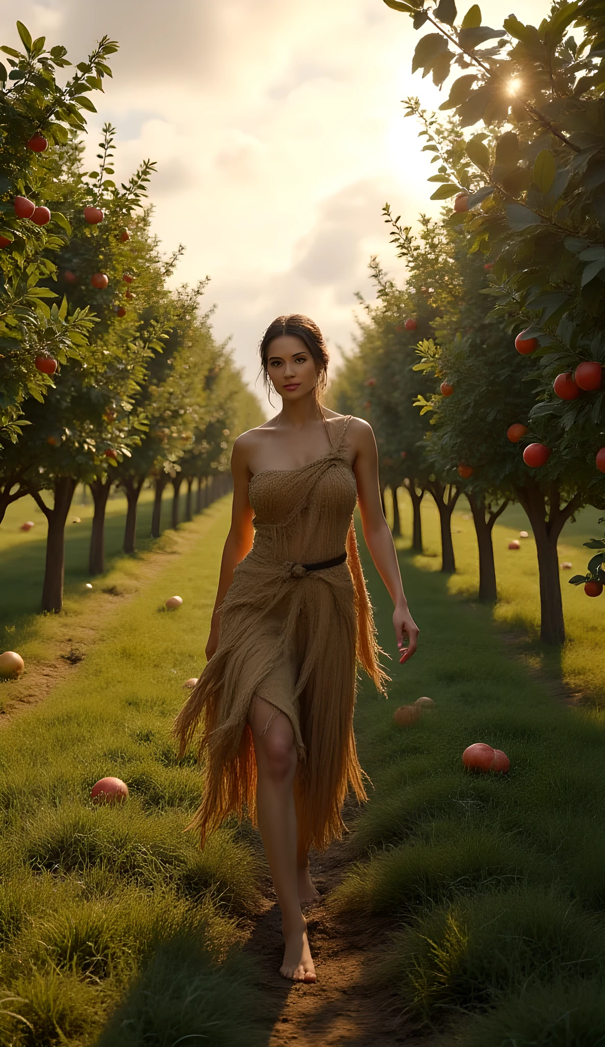 Ancient prehistoric age era, 
Stone age era, 

((Realistic cinematography ultra wide depth intense stunning orderly dense apple trees plantation field angle of scenery)),the detailed of a female farmer walking,(within densely apple trees plantation),(agriculture),((a farmer tribe)),wearing full coverage long straw primitively fabric long coat and straws primitive wardrobe,,wondering,(perfectly depth symmetrically curvy and bosomy body shapely),(cinematic dynamically camera wide angle scenery:accurately depicted:1.3),the lively prehistoric olive plantation field depicting scenery,afternoon,realistically full depth,(cinematography dynamic angle|hyperrealistic:realistic scenery:3d texture over the scenery),autumn season,best videography angle,hdr,golden hour, (cinematography vibe),primitive wardrobe,(dynamic image composition),(octane 3d rendering|50mm lens shot:1.3),(lifelike skin texture:lifelike hairs:realism),(best rule of third photography composition),(best image aperture),(full details depth of field),(best shutter speed),(RAW photo image),(photorealistic|photorealism:hyperrealism style),(realistic depth 3d:cgi:1.3),(trending on cgsociety:devianart:unreal engine 5),,(best photography:national Geographic style), fantasyPunkAi and stonePunkAi artwork, digital art,best lighting concept,(realistic fixed truly fully human's anatomy body+hands+and+fingers anatomical),natural motion,inspired by farcry5 game artwork.