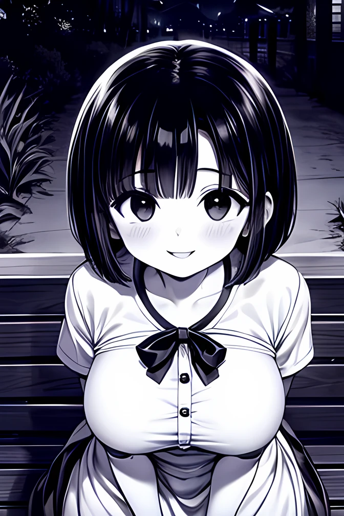 ((( Line art ))),((( monochrome:1.1))),1girl,(((solo))),(((ideal ratio body proportions))),iris , Dark Eyes ,( small eyes ),(Slanted Eyes) ,(open eyes),(((black hair))),( short bob hair ),bangs ,((( smile)) ),((short stature)),((big breasts)),(disproportionate breasts),(((white dress ))),((short puff sleeve)),(ribbon),button,flared skirt ,pantyhose,gray loafers,((amazed)),(sitting),(looking at viewer ),upper body,(((girl focus))),((at night)),(face close up),in the park,on the bench,angle from above,