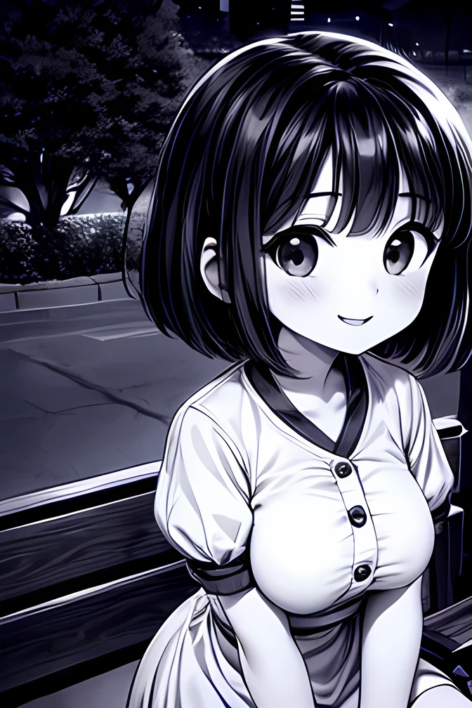 ((( Line art ))),((( monochrome:1.1))),1girl,(((solo))),(((ideal ratio body proportions))),iris , Dark Eyes ,( small eyes ),(Slanted Eyes) ,(open eyes),(((black hair))),( short bob hair ),bangs ,((( smile)) ),((short stature)),((big breasts)),(disproportionate breasts),(((white dress ))),((short puff sleeve)),(ribbon),button,flared skirt ,pantyhose,gray loafers,((amazed)),(sitting),(looking at viewer ),upper body,(((girl focus))),((at night)),(face close up),in the park,on the bench,angle from above,