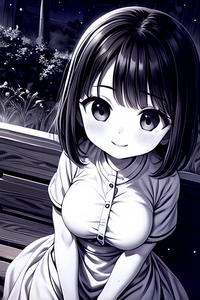 ((( Line art ))),((( monochrome:1.1))),1girl,(((solo))),(((ideal ratio body proportions))),iris , Dark Eyes ,( small eyes ),(Slanted Eyes) ,(open eyes),(((black hair))),( short bob hair ),bangs ,((( smile)) ),((short stature)),((big breasts)),(disproportionate breasts),(((white dress ))),((short puff sleeve)),(ribbon),button,flared skirt ,pantyhose,gray loafers,((amazed)),(sitting),(looking at viewer ),upper body,(((girl focus))),((at night)),(face close up),in the park,on the bench,angle from above,