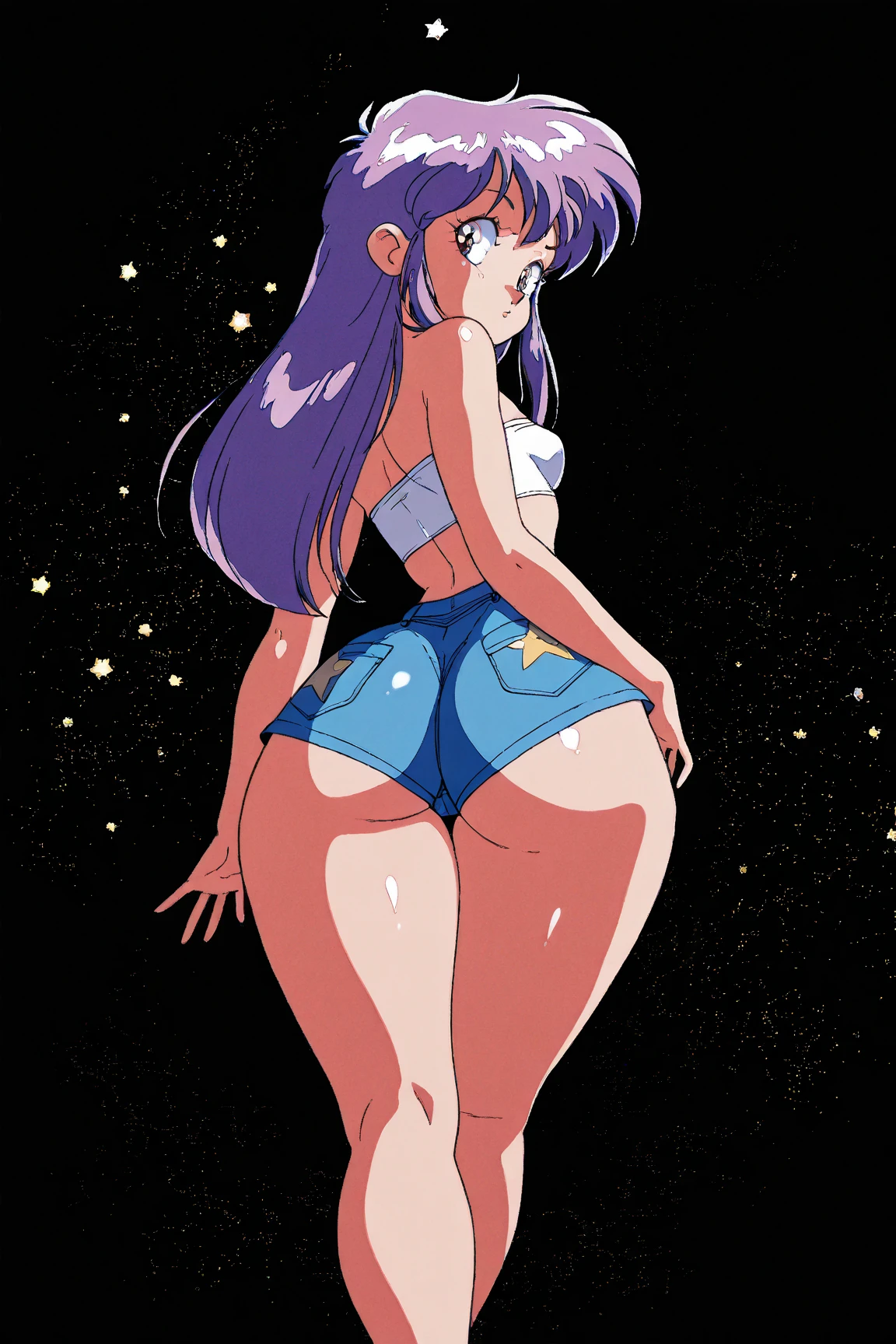 (1 girl), (solo), ((amanogawaki)), best quality, highres, high quality, 8k, HD, super detail, anatomically correct, UHD, accurate, (masterpiece:1.0), (high quality:1.0), (ultra detailed), (Planets on a Galaxy background), Looking Back, Looking At viewer, Serious Face, detailed eyes, (Black Leotard), (Black thigh Highs), (perfect hands), (Thick ????), (Thick Thighs), ??????????, Purple eyes