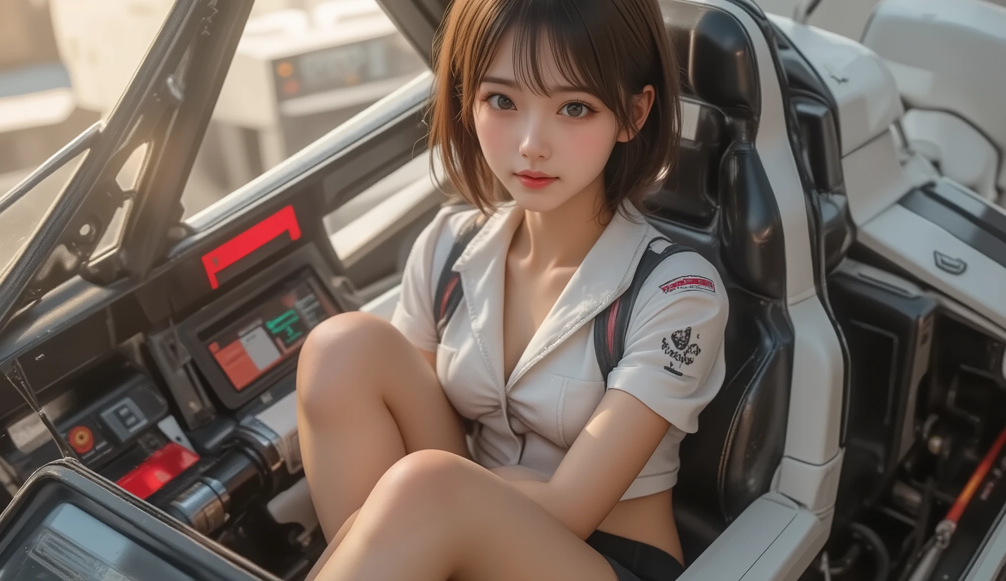 8k,ultra high res , Highest Quality, Masterpiece,rule of thirds,golden ratio,surreal,Picture, one woman between stores,masterpiece girl,perfect anatomy,dark haired,Long Bob,Japanese anime,Mazinger Z cockpit,fighter pilot,Future,Alone, (Japanese woman in her 20s :1.5),Cute Smiles ,Slim,Beautiful legs,thin legs,Surimi West,she's a receptionist,cowboy shot,Depicting from head to waist,from above, Detailed Background, perfect eyes,information, Depiction using the rule of thirds,bright sunshine