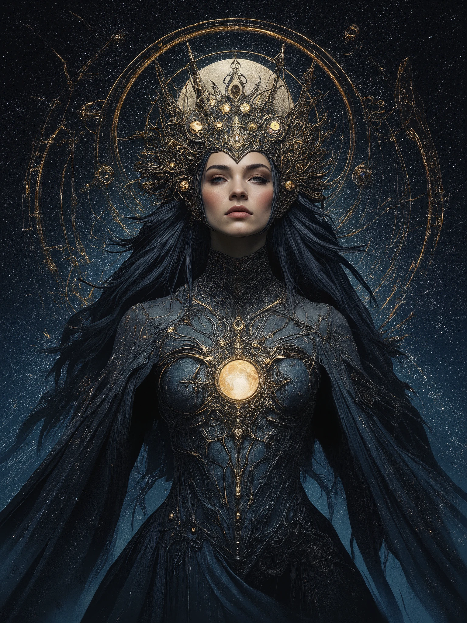 Award winning expressionist dark fantasy art of a beautiful powerful female goddess of the moon, epic pose, onyx colored hair, ultra detailed, lots of details, HDR, luxury holographic dark silver corset dress, cloak, complex patterns, ancient calligraphy, black headdress, decorations, detailed face, natural skin texture, dark colors, saturated, 6 colors, night scene, moonlight illumination, nimbus, skin texture, fire elements, full body shot of Selene goddess riding in a black and silver chariot through the night sky full of bright stars, crown of stars with a moonstone center giving off eldritch light, highly detailed, surreal, magical and dreamlike atmosphere, cinematic lighting, ethereal glow, mystical aura, cosmic energy, striking beautiful young face, 8K resolution