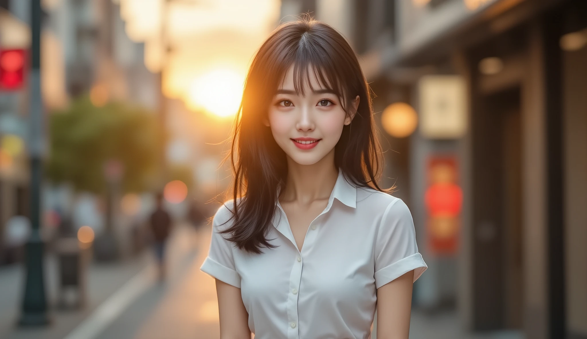 8k,ultra high res , Highest Quality, Masterpiece,rule of thirds,golden ratio,surreal,Picture, one woman between stores,masterpiece girl,cowboy sho,perfect anatomy,dark haired,hairstyle random,Urban area,sunset,Backlight,white short-sleeved blouse,Best,pencil skirt,Neat and intelligent clothing,she looks so happy,Alone, (Japanese woman in her 20s :1.5),Cute Smiles ,Slim,Beautiful legs,thin legs,Surimi West,she's a receptionist,cowboy shot,Depicting from head to waist,from above, Detailed Background, perfect eyes,information, Depiction using the rule of thirds,bright sunshine