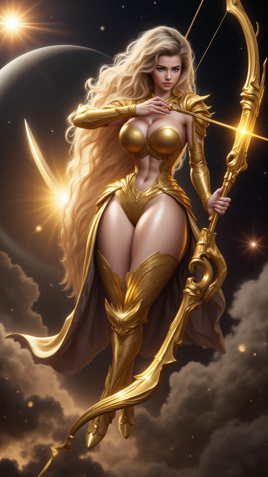 ( nuvens ) Lindsey Vonn as a MYTHOLOGICAL DIVA in a golden armor, floating into the sky, gold bracelets on the arms, coxas expostas, Face looking at the camera, athletic curvy body, Musculatura suavemente definida, perspectiva de corpo inteiro, Realismo 32K, obra prima.