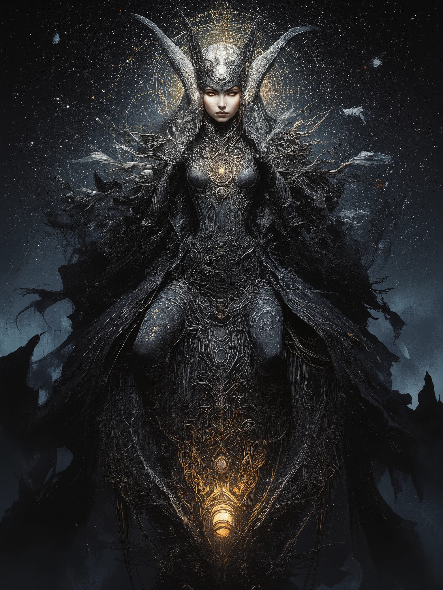 Award winning expressionist dark fantasy art of a beautiful powerful female goddess of the moon, epic pose, onyx colored hair, ultra detailed, lots of details, HDR, luxury holographic dark silver corset dress, cloak, complex patterns, ancient calligraphy, black headdress, decorations, detailed face, natural skin texture, dark colors, saturated, 6 colors, night scene, moonlight illumination, nimbus, skin texture, fire elements, full body shot of Selene goddess riding in a black and silver chariot through the night sky full of bright stars, crown of stars with a moonstone center giving off eldritch light, highly detailed, surreal, magical and dreamlike atmosphere, cinematic lighting, ethereal glow, mystical aura, cosmic energy, striking beautiful young face, 8K resolution