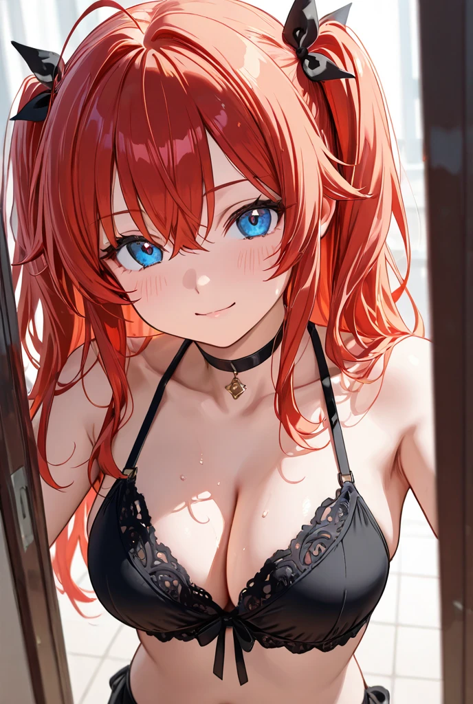 （（best qualtiy））， （（tmasterpiece））， （The is very detailed：1.3），Bust photo，cleavage，sportrait，red tinted hair，Green eyes