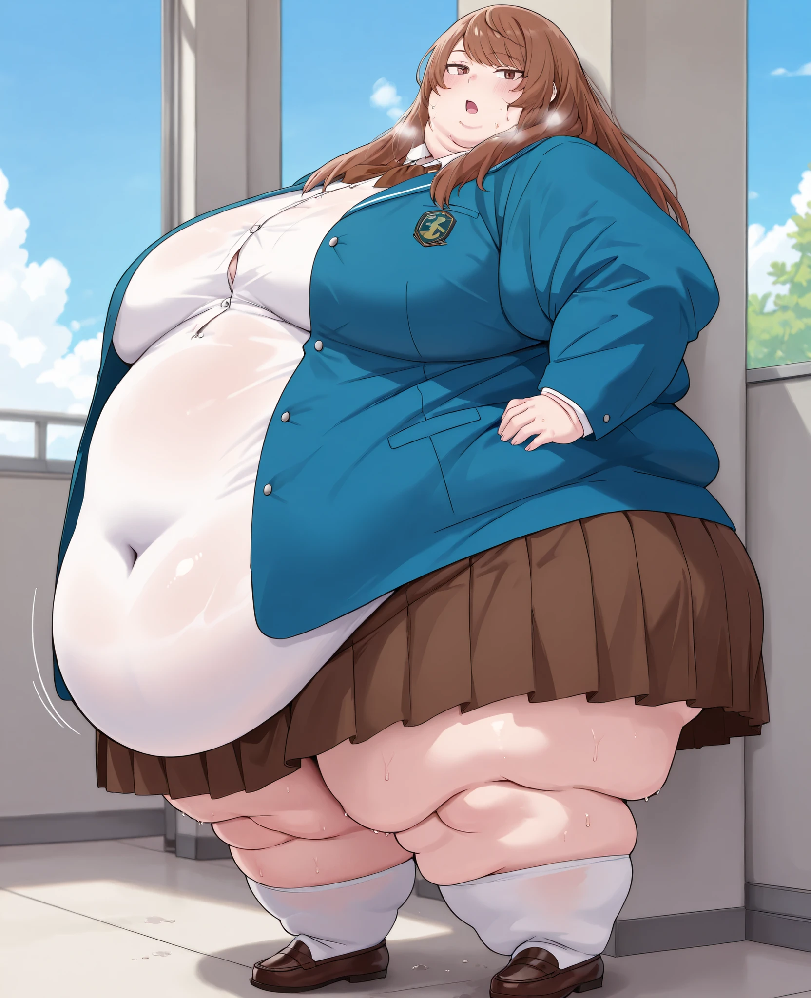 masterpiece, best quality, solo, 1girl, score_9, score_8_up,score_7_up BREAK, 1girl, solo, chubby, fat, very fat, obese, obese arms and legs, sloppy stomach, saggy round breasts, fat face, fupa, double chin, plump, thick thighs, thigh, morbidly obese, immobile, blush, sweaty, sweaty hair, blushing, KinuyoKa, brown eyes, brown hair, jitome, jitome eyes, bangs, hair over shoulders, swept trimmed bangs, KinuyoKa, brown eyes, brown hair, jitome, jitome eyes, bangs, hair over shoulders, swept trimmed bangs , school uniform, white shirt with buttons, sky blue jacket, brown skirt, strecthing, covered navel, fupa, open mouth sweating, full body shot, gigantic arms and legs, out of breath, standing, side view, looking at the viewer, swollen face, Fat_neck , Fat head , eyes with crushed cheeks , nose with crushed cheeks , mouth with crushed cheeks , chin roll