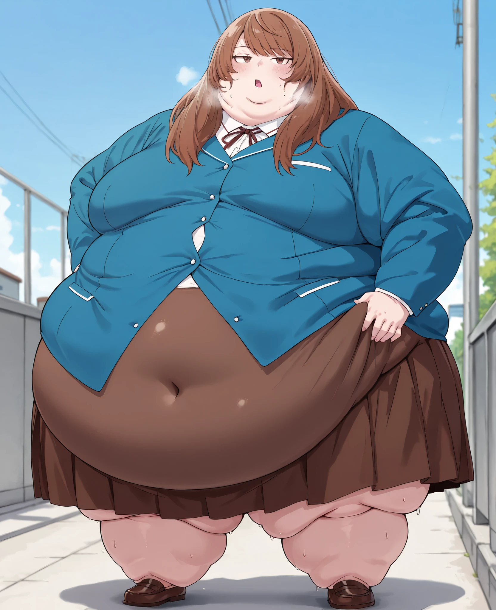 masterpiece, best quality, solo, 1girl, score_9, score_8_up,score_7_up BREAK, 1girl, solo, chubby, fat, very fat, obese, obese arms and legs, sloppy stomach, saggy round breasts, fat face, fupa, double chin, plump, thick thighs, thigh, morbidly obese, immobile, blush, sweaty, sweaty hair, blushing, KinuyoKa, brown eyes, brown hair, jitome, jitome eyes, bangs, hair over shoulders, swept trimmed bangs, KinuyoKa, brown eyes, brown hair, jitome, jitome eyes, bangs, hair over shoulders, swept trimmed bangs , school uniform, white shirt with buttons, sky blue jacket, brown skirt, strecthing, covered navel, fupa, open mouth sweating, full body shot, gigantic arms and legs, out of breath, standing, side view, looking at the viewer, swollen face, Fat_neck , Fat head , eyes with crushed cheeks , nose with crushed cheeks , mouth with crushed cheeks , chin roll