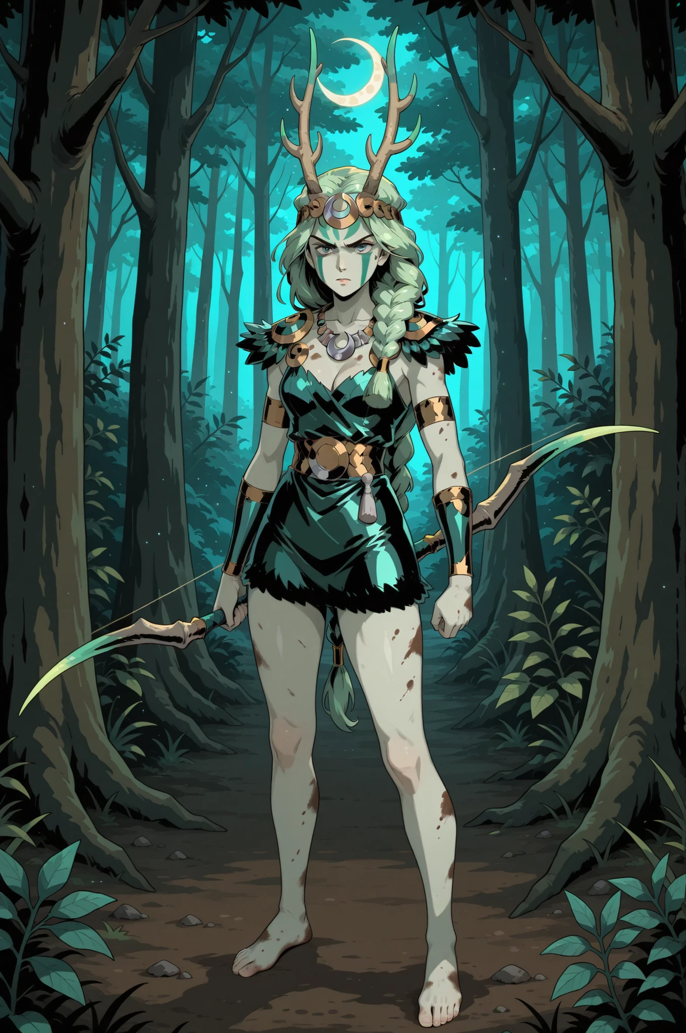 1girl, Artemis from Hades, green hair tied in a single thick braid, wearing green face paint, antler and fur head dress, short dark green leather hide and fur dress, cleavage with a large silver crescent necklace, bare feet bare legs, a long hunting bow, dirty skin, determined expression, in the forest, full view, in a highly detailed Western comic art style