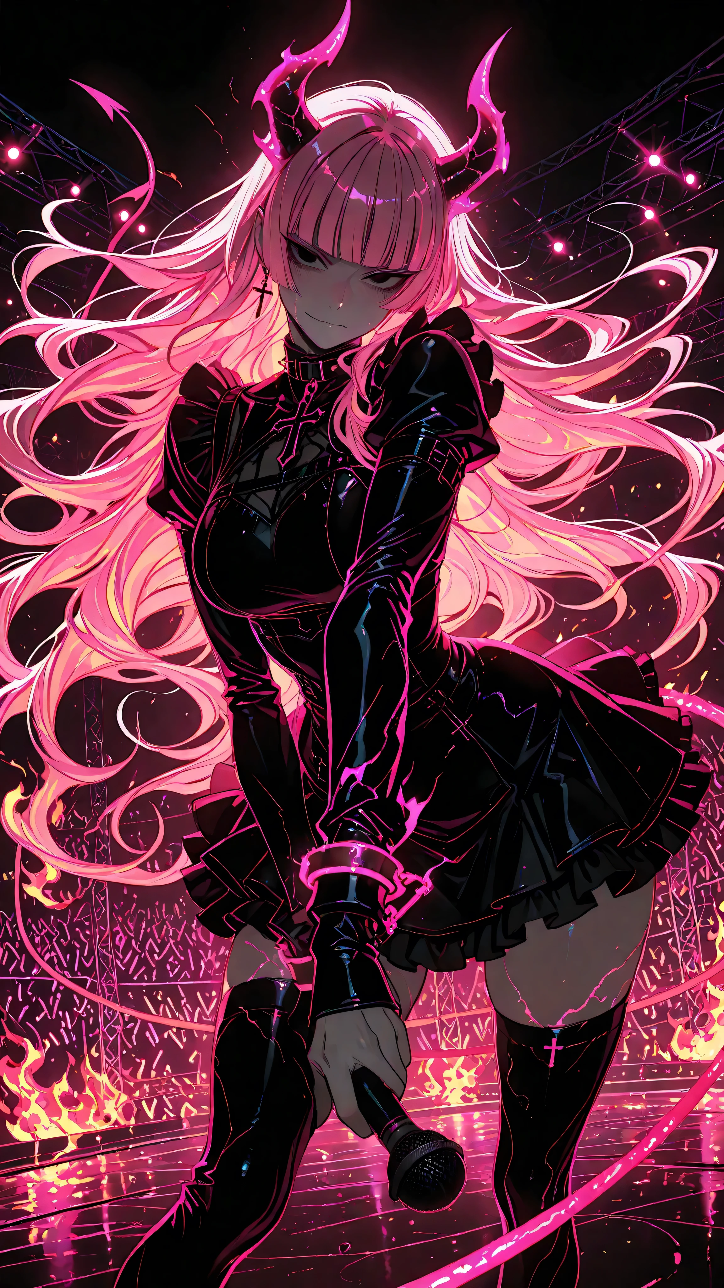 neon_art, neon_lineart, colored_neon_lineart, neon_Silhouette, Silhouette, neon_couleurs, ing, _effet, brillant_esquisses, vibrant_couleurs, Clothes with focus_contraste, noir_contexte, digital_art, style d'encre, best quality, lignes douces, clear details ,neoned_style, neon, , Sombre fantasy, stylized shading, Clothes with focus contraste lighting, Formes abstraites fluides, Silhouette art, digital vector illustration, Psychedelic style, neon lighting, ratatatat74, the jaw, Morry, (masterpiece, best quality), amazing quality, Very aesthetic, absurdres, Clothes with focusres, HDR, 8K, paysage, profondeur de champ, digital vector illustration {x} extremely detailed face and eyes, movie lighting, cinematic shadows, dramatique, dramatique lighting, kingdom of demons, Angle dynamique, (((pose dynamique, raccourcissement))), debout, idole, concert, Scene, Scene lights, enfer, feu, Sombre, demon kingdom, tenant, microphone, robe courte, fioritures, (chain, croix, bijoux, boucles d'oreilles, PAUSE 1girl, demon girl , feu demon horns, queue de démon, noir eyes, frange droite, cheveux roses, very long hair, coupe hime, GROSSES POITRINES,