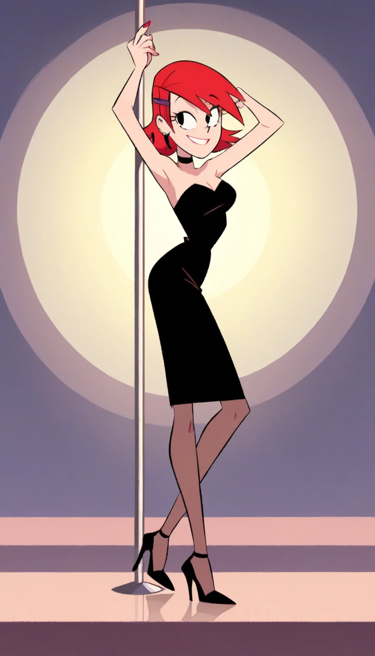 score_9, score_8_up, score_7_up, BREAK, 1girl, ke4n3PPG, short hair, black hair, hair bob, blue eyes, hands on hips, tilted waist, strapless black tube dress, black chocker, gold bracelets, a yellow sunset, city park,  smile, black high heels