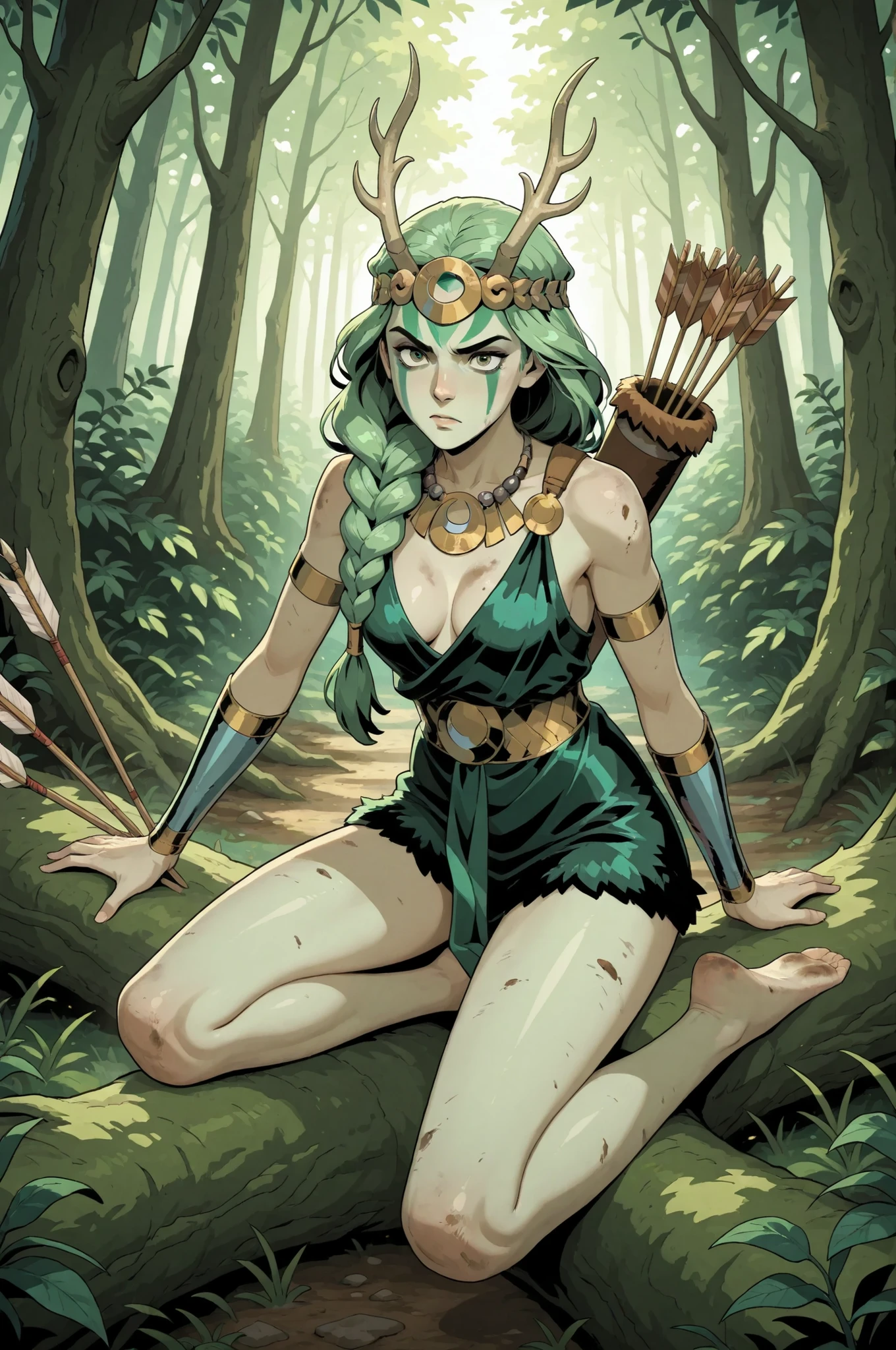 1girl, Artemis from Hades, green hair tied in a single thick braid, wearing green face paint, antler and fur head dress, short dark green leather hide and fur dress, cleavage with a large silver crescent necklace, bare feet bare legs, a long hunting bow and quiver of arrows, dirty skin, determined expression, alone, in the forest, daytime, natural lighting, full view, in a highly detailed fantasy art style