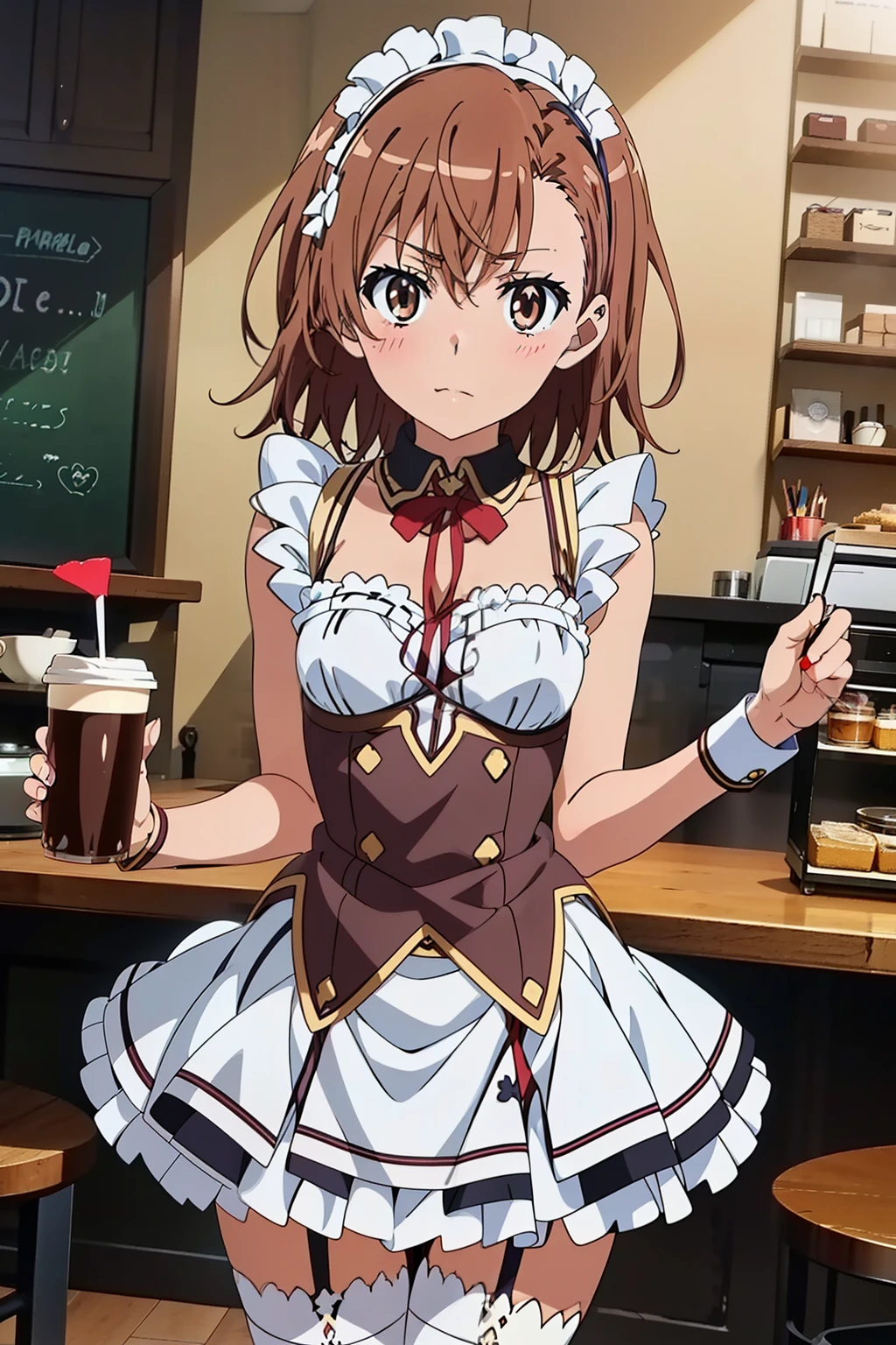 (masterpiece, best quality, high resolution, 8k:1.2), (anime coloring, official art:1.5), perfect character design, official art, highly detailed CG Unity 8K wallpaper, perfect face, perfect eye, perfect hair style, perfect body, beautiful body, beautiful skin, beautiful breasts, beautiful legs, beautiful hands, perfect hands, beautiful finger, beautiful face, beautiful eyes, symmetrical eyes, slim body, (1 girl), (misaka mikoto, brown eyes), (small breasts), (brown hair, short hair, bangs, eyebrows visible through hair, hairpin), (nffsw, maid uniform, frills, headband, miniskirt, frills, garter belt, coffee shop, blushing), looking at the viewer, in the center of the image, (beautiful_chest:1.1), (beautiful_face:1.2), (beautiful_waist:1.2), (cowboy shot), dutch angle,