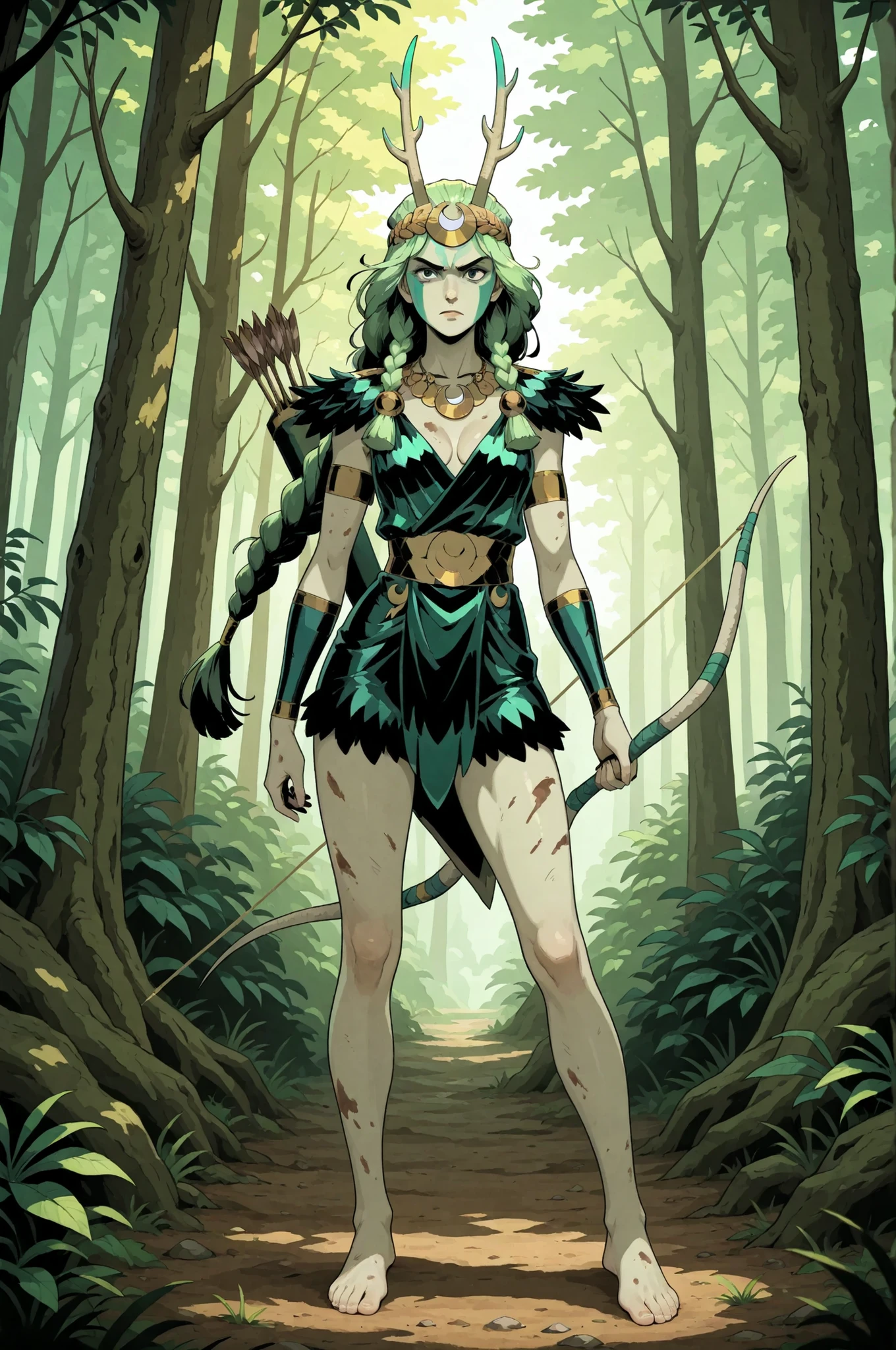 1girl, Artemis from Hades, green hair tied in a single thick braid, wearing green face paint, antler and fur head dress, short dark green leather hide and fur dress, cleavage with a large silver crescent necklace, bare feet bare legs, a long hunting bow and quiver, dirty skin, determined expression, alone, in the forest, daytime, full view, in a highly detailed fantasy art style
