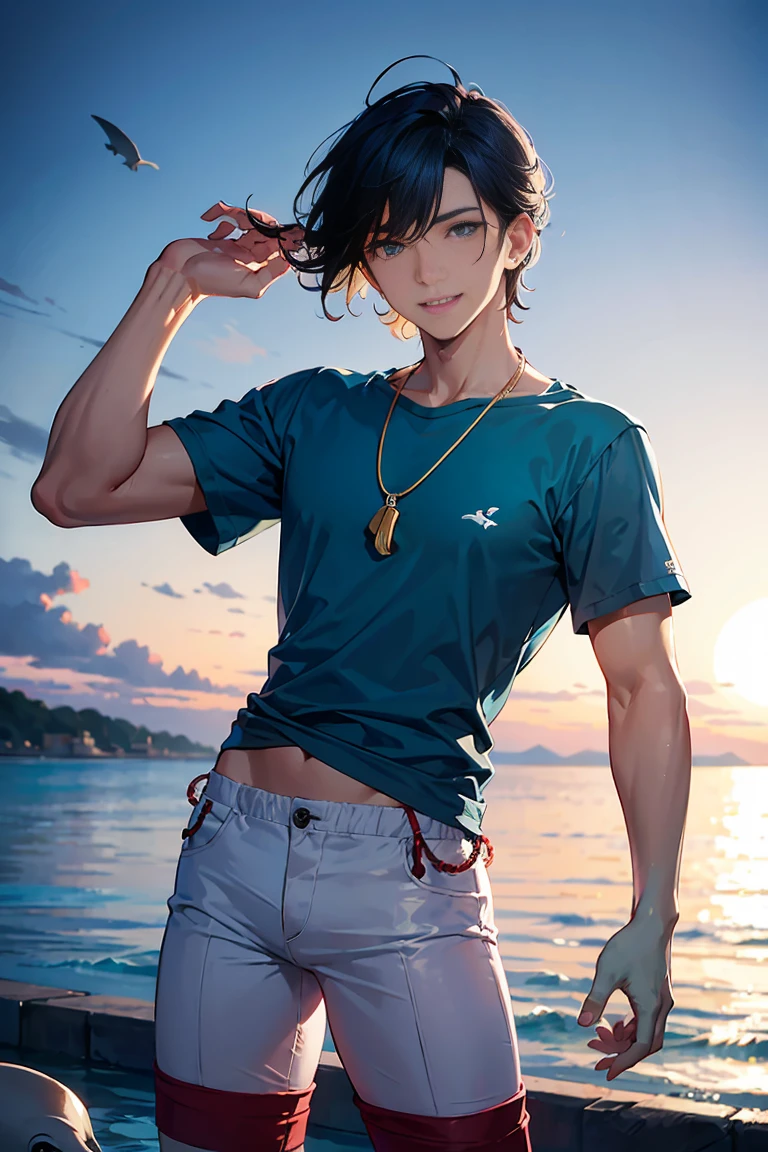 male_focus, 1boy, photo_background, solo, hat, outdoors, barefoot, shorts, hand_in_pocket, beach, baseball_cap, day, _male, navel, black_hair, water, tree, blue_headwear, short_hair, white_shorts, rock