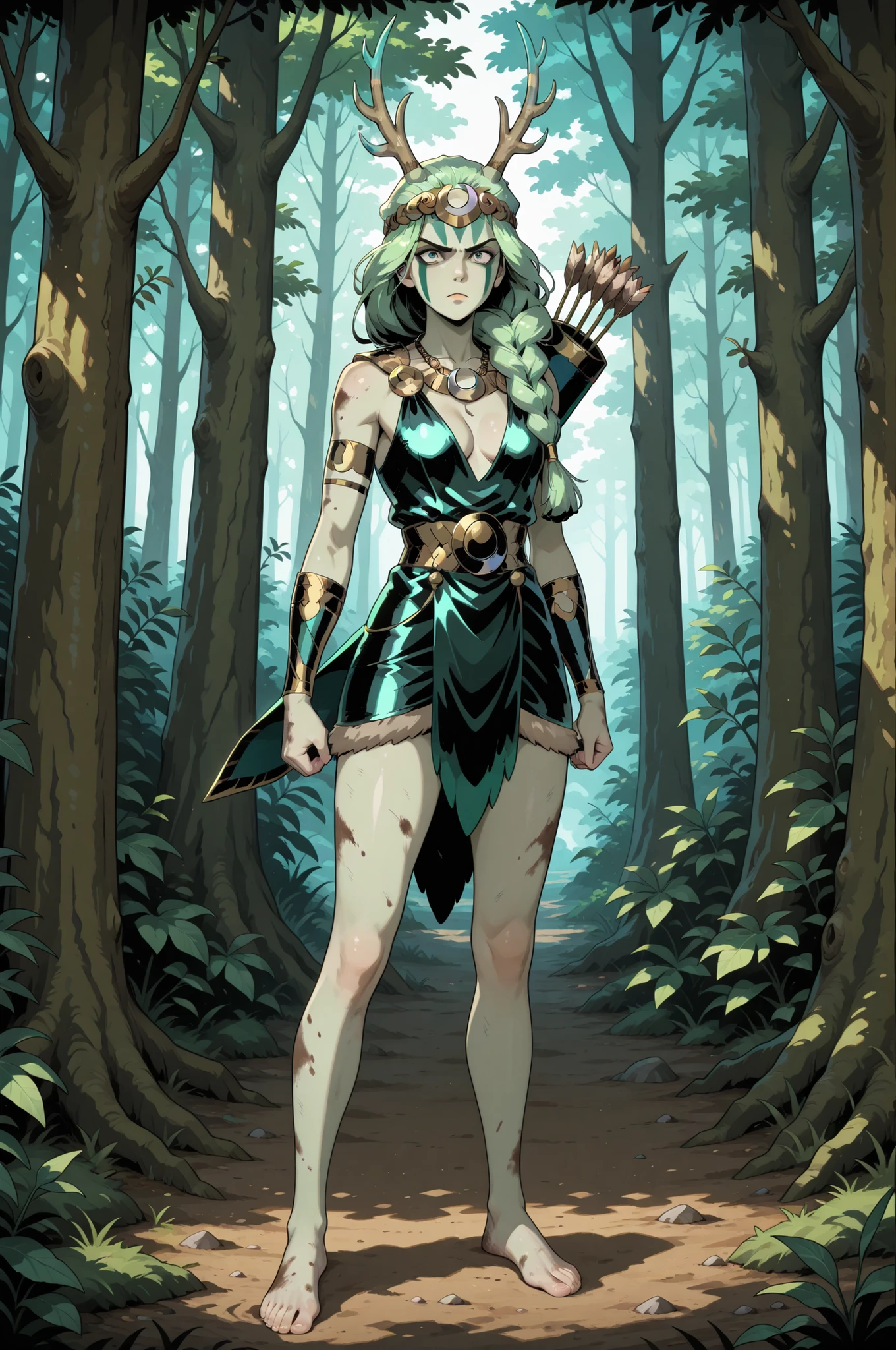 1girl, Artemis from Hades, green hair tied in a single thick braid, wearing green face paint, antler and fur head dress, short dark green leather hide and fur dress, cleavage with a large silver crescent necklace, bare feet bare legs, a long hunting bow and quiver, dirty skin, determined expression, alone, in the forest, daytime, full view, in a highly detailed fantasy art style