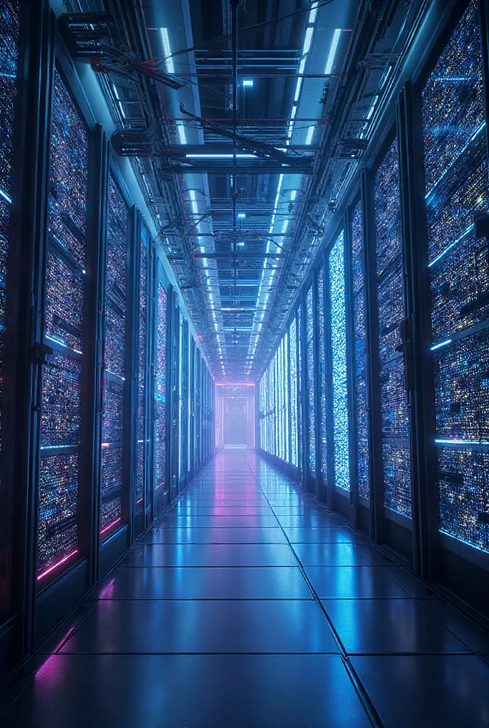 A futuristic data center with massive glowing AI servers, cinematic ...