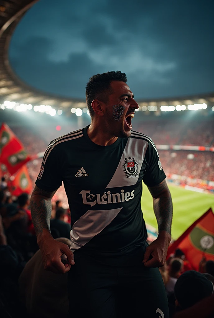 Passionate Corinthians fan, André Paulino da Silva, wearing a black and white jersey of the team, fervent expression, face paints in the colors of the club, standing in the grandstands of the Neo Química Arena, vibrant atmosphere of the match, dramatic stadium lighting, crowd around, Corinthians flags waving, moment of celebration, detailed photograph, high resolution, vivid colors, depth of field, capturing the emotion and loyalty of the fan, realistic quality, 8K
