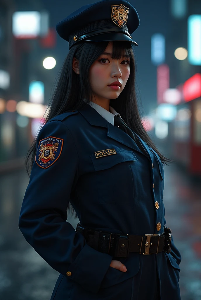(Super cute  Korean female police officer is standing laughing at the pier and looking at the camera:1.2)(Drenched and  Police Officer Clothes)(smile:1.1)(幸せそうなsmile:1.2)(16k,  RAW photos , top quality, masterpiece: 1.2),(cute bun hair with glossy brown hair:1.1) Super Detail, super res, (Genuine, Genuine photos: 1.37),  portraits, high-resolution RAW color photo, professional photo, very detailed, 8k Wallpaper, very detailed CG Unity 8k Wallpaper, very detailed beautiful girls, very detailed faces, ((full body)), beautiful woman, ,(huge :1.2) (big :1.1),  beauty女子校生(Heavy Rain Wharf at Night Illuminated:1.1) (wear), high school girl , korean girl,( K-pop Female Idol ), (Idol-level beauty)( beauty:1.1)( Female Police Officer Cosplay :1.1)(pefect makeup:1.2),(Xiaoyan:1.2)(is laughing carefree from the bottom of my heart:1.2)(police women)(elegant lip:1.2)(:1.3)