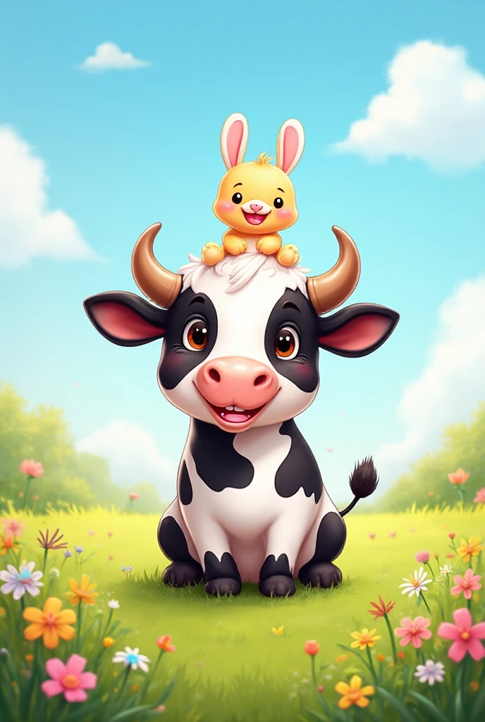 A very beautiful and cute black and white ox, in a children's cartoon ...