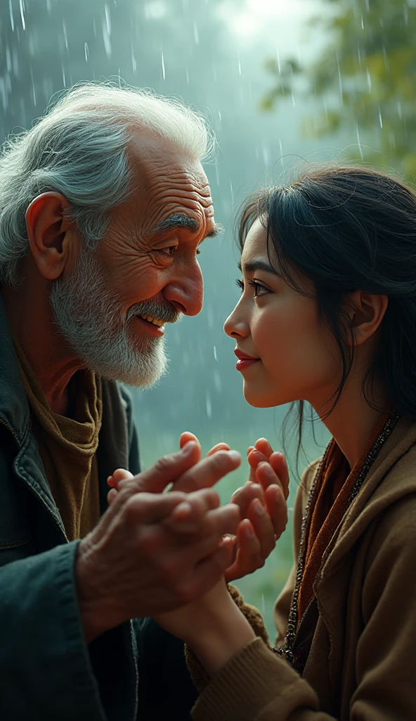 A realistic picture of a Korean girl with an old man