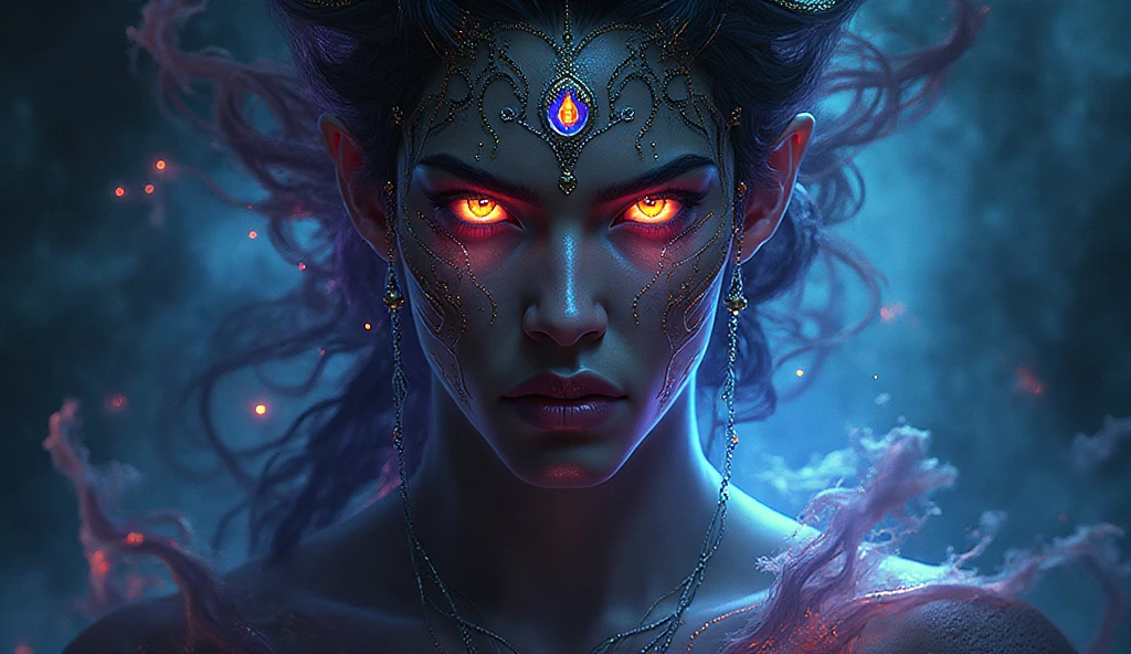 Kali, the Mother of Darkness is one of those scary deities, kali goddess, beautiful body, flying hair, blue skin, open mouth, showing tongue, mockery, hateful look, expression of anger, illustration, masterpiece, high quality, 8k, high resolution, high detailed, closeup of a woman with blue makeup and a demon face, Artgerm Julie Bell Beeple, Artgerm detailed,  extremely detailed Artgerm, Ne Zha of Smite, Artgerm. high detail, kali, deviantart artstation cgscosiety, artstation contest winner, artgerm lau, as seen on artstation