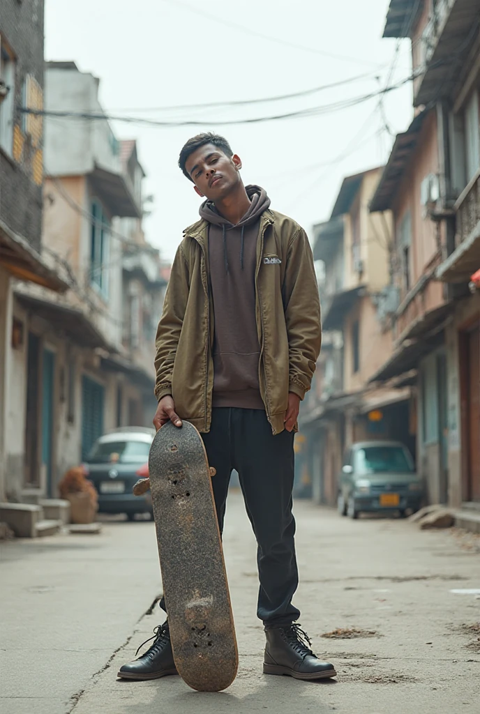 4D caricature of Indonesian man with short hair wearing hoodie and sneakers riding an automatic scooter Indonesian street background hyper-realistic high contrast high color effect 8k focus detail