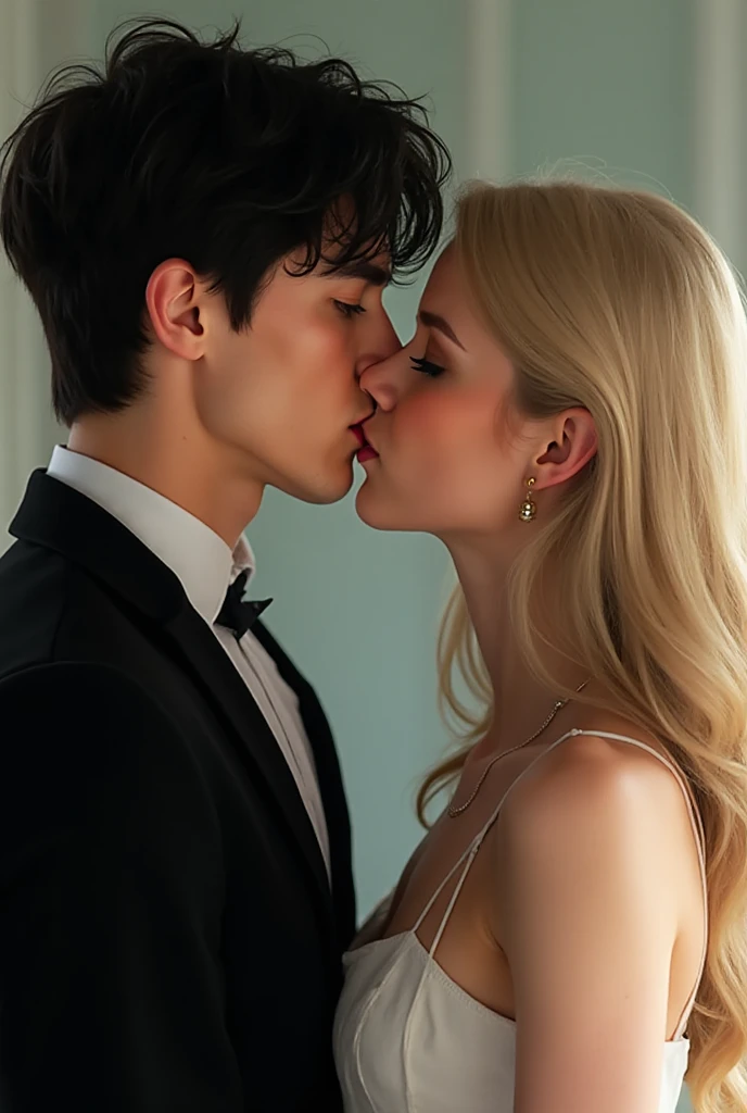 1 girl, blonde hair, a young man embraces her below her back, they are looking at a painting hanging on the wall, painting (middle ground), traditional means