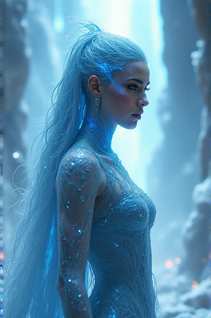 decent photo, sfw, an ice-inspired humanoid with skin that glimmers like frost, standing gracefully in an arctic setting under a aurora borealis. Her skin is pale blue with a crystal-like sheen, and her long, icy hair flows in frozen tendrils down her back. She wears a sharp, structured gown made of translucent materials resembling frozen water with led lights from inside, with edges that mimic the fractals of snowflakes.
