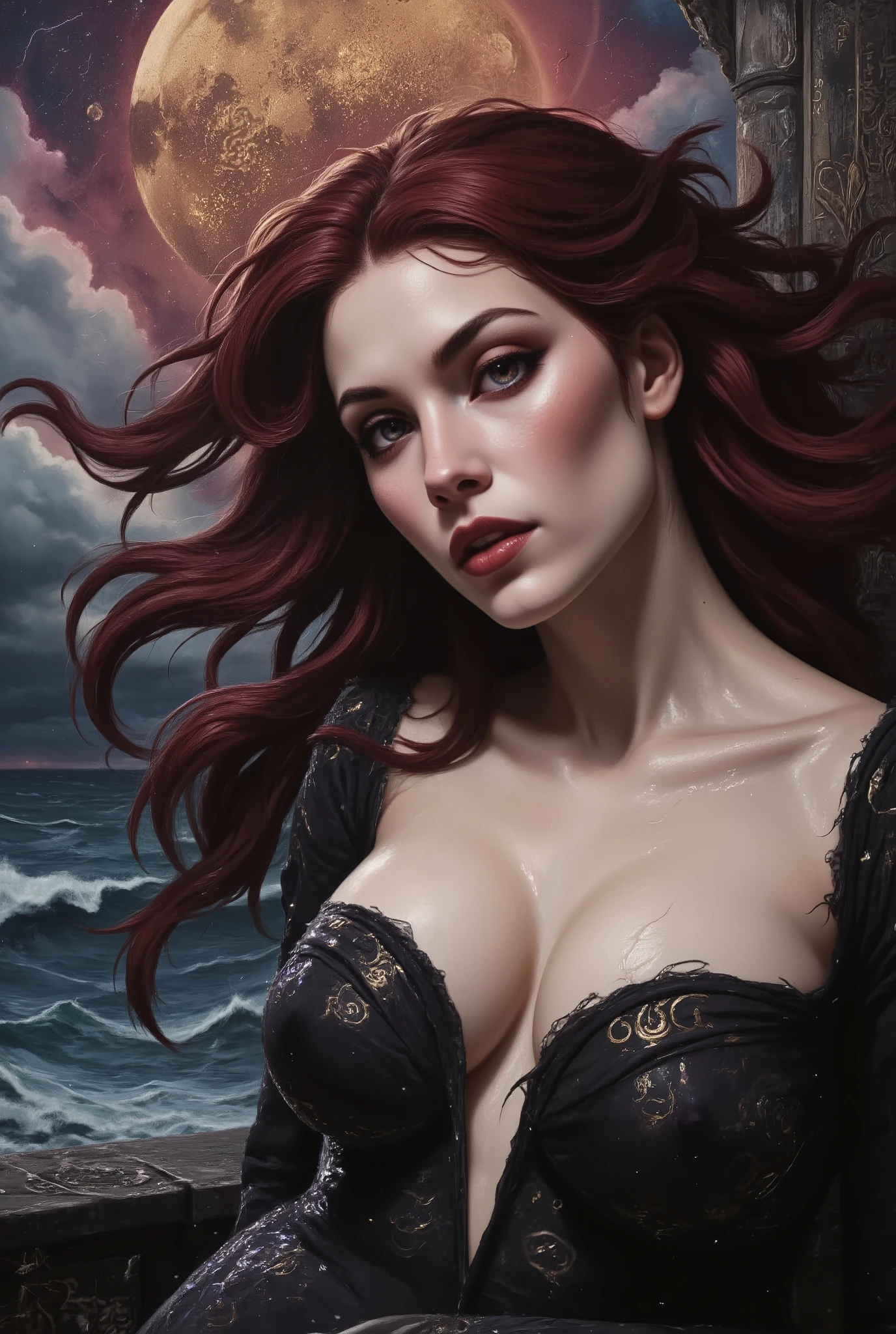 Intimate semi realistic surreal portrait of a divine siren goddess, oil painting with expressive brushstrokes, impossibly beautiful eyes like deep cosmic pools - huge and mesmerizing with gold-flecked violet irises burning with inner fire, framed by thick dark lashes casting dramatic shadows on her perfect cheekbones, face of devastating angelic beauty with sharp European features that transcend human perfection, high aristocratic cheekbones with intense iridescent glow, full pouty lips painted deep wine red and parted in a seductive half-smile, luminous alabaster skin like living moonstone contrasting with deep shadows, statuesque goddess form with dangerous curves arched provocatively on black marble balcony carved with glowing ancient runes, skin-tight black silk dress soaked by sea spray clinging to every divine curve like a second skin, plunging neckline with large beautiful cleavage revealing flawless décolletage adorned with hypnotic swirling marks that pulse with starlight, cascading crimson hair with deep purple undertones floating wildly in supernatural wind, generous natural curves straining against the midnight silk that ripples like liquid shadow, long graceful neck arched back exposing throat adorned with glowing sigils, piercing eyes holding an irresistible magnetic gaze, atmosphere electric with dark romantic energy, blood moon casting crimson light through storm clouds while aurora borealis dances in violent purple and gold, razor-sharp crystalline structures growing from ancient stone like frozen lightning, otherworldly mist coiling possessively around her figure, pose radiating both power and invitation, extreme contrast between light and shadow, masterwork quality, photorealistic detail, dark fantasy romance, 8k resolution
