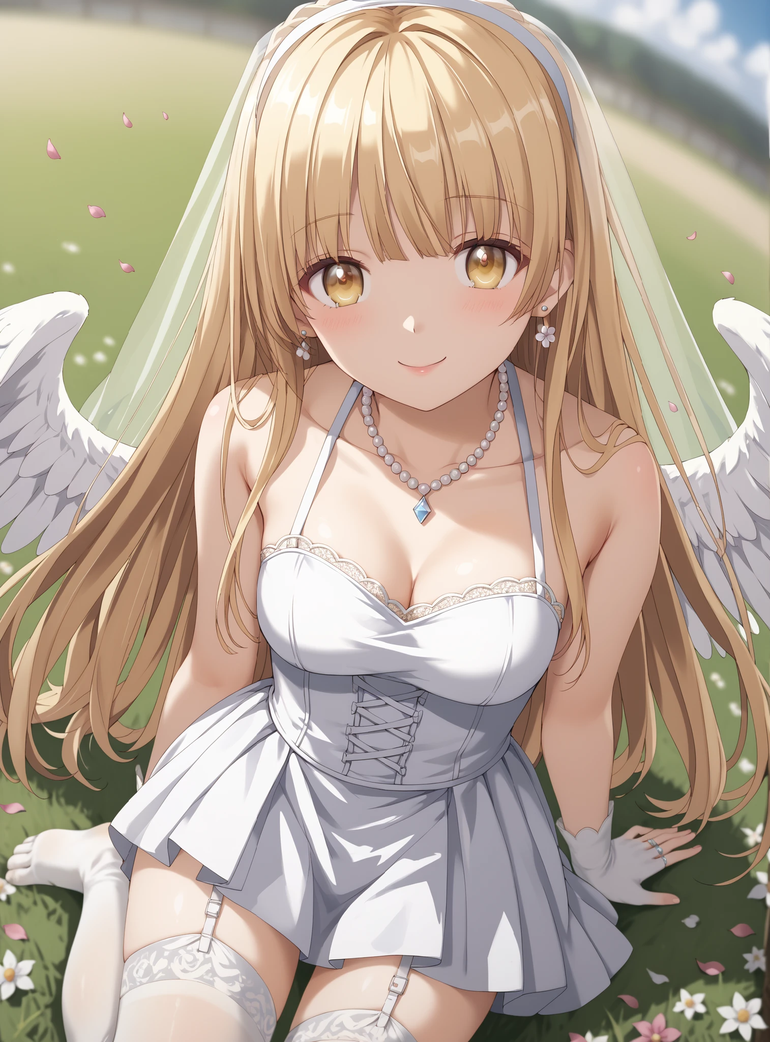 (language:Japanese、English),(masterpiece),(Highest Quality),(High Score ),(high resolution),

(middle ages、Europe、spring、morning、Clear skies、Outdoors、1girl,solo,),

(,,Flower field、Mr.々な種類のspringの花、,A scene where you lie down and relax、,wind、Petal Fluttering Effect、,（anatomically accurate）),

(,(cute and beautiful girl)（beautiful hair、Delicate tips、[hairdetailer:1.5]),[ultra-detailed face:1.4],[detailed eyes:1.4],[(depth of field, shallow depth of field, background gradually blurred, sharp focus on character),:1.4)]),

(（ womanhood、 mahirushiinauf, long hair、yellow eyes、非常にlong hair、 Blonde bridal dress。白いraceのドレス、Halter Neck Dress、sleeveless、shoulder out、（short skirt with long back）、 bride's veil、race、bride gloves、wedding rings、pearl necklace、 DIAMOND EARRINGS、（ no shoes ）、 Big Angel Wings 、(white garter belt),(white corset),(white Thigh-high socks),（medium chest:1.5）、（Saggy Breasts）、Chest Valley、slender、,BREAK,（Unlock NSFW、uncensored）、(makeup:1.2),happy、Sleepy eyes、,BREAK,(Flower fieldの上に寝る:1.6)、)、(Lie on your back:)、(Arms spread:1.5)、(viewers appreciate it from the front and straight forward),（dutch angle）、watching viewers（Focus is face ）、(cowboy shot),）),

