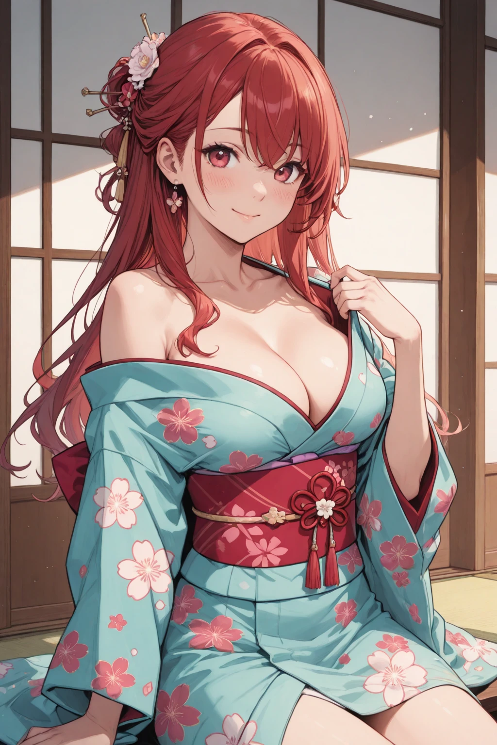 (masterpiece:1.2), (best quality:1.2), perfect eyes, perfect face, perfect lighting, 1girl, mature female wearing jlfd, asian, long red hair, standing with hands in lap, bare shoulders, jlfd, green silk, floral pattern, embroideries, smiling, detailed traditional japanese indoor background  <lora:japaneseLingerie_v10:0.5>