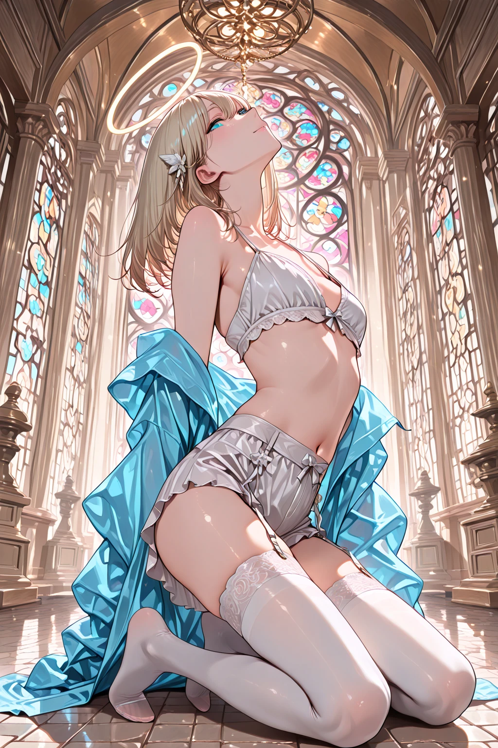 (masterpiece:1.8),(Highest quality:1.8),(Very detailed:1.8),(8K:1.8),(Ultra-fine Illustration:1.5),,,Straight low twintail,Flat Chest,Small Ass,(High-grade metallic silver,,lingerie:1.4),(Prayer Pose:1.5),Vintage sofa,,(Full body angle), Stained glass,