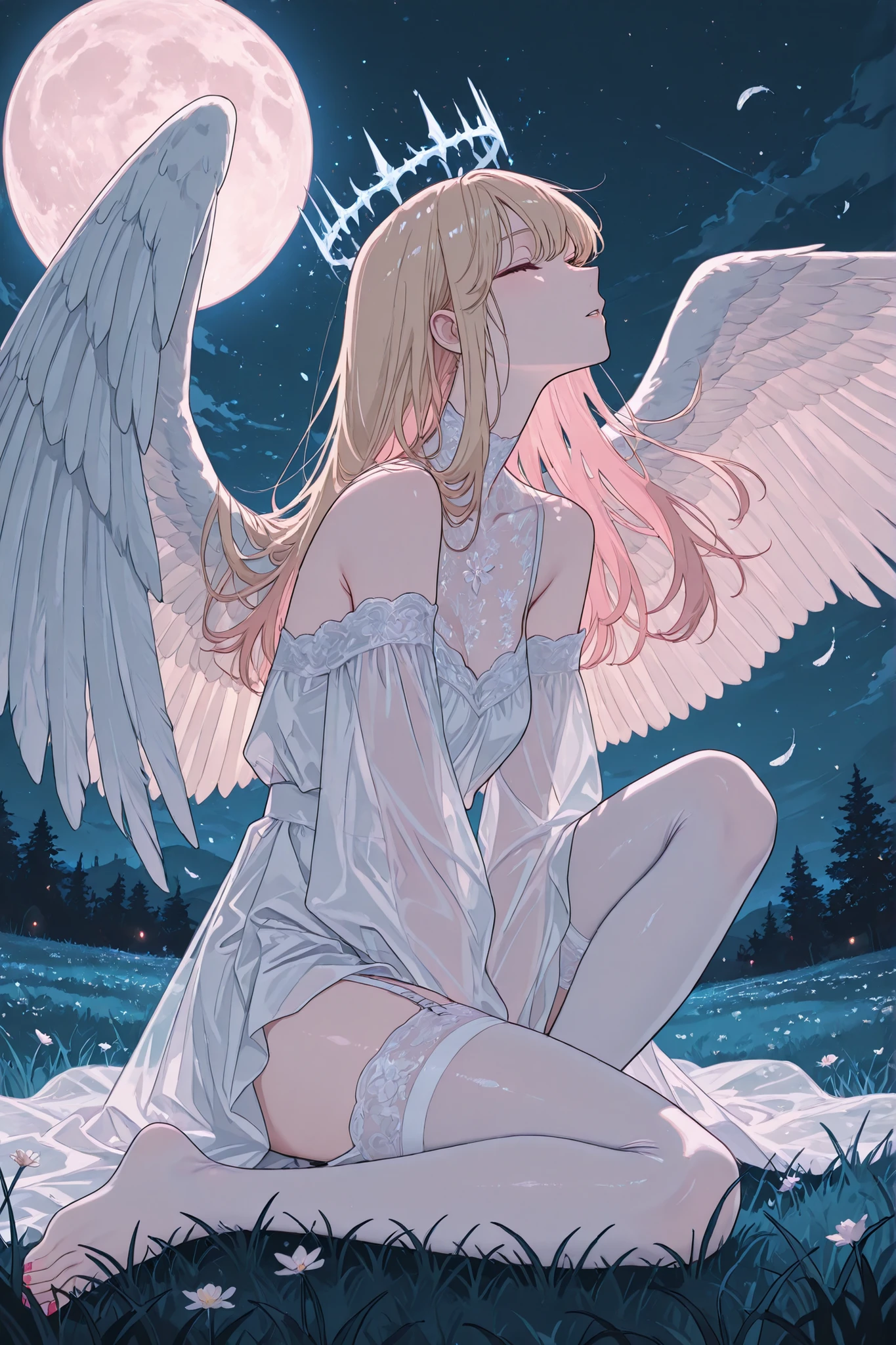 (masterpiece, best quality, ultra-detailed, Anime style, illustration, fantasy art) sight below, Outside: half-sideways, One hand between legs, she has a leg put forward (Knee-bent), 1 blonde , angel wings , hair develops in the wind, closed eyes, long lashes, Glass retina, light golden hair with soft pink tips, The ends of her hair are colored soft pink, hair develops in the wind , pale skin, Glass retina, slim body, white leather, sitting on grass in the park, Night, full moon, bare feet, a crown of glowing white stones, nimbus, hanging above her head, , fragile figure, eyes closed, eyes open lips, pink nail polish , toes, shine, best quality, she wears only light silk almost transparent fabric (plain almost transparent silk, white lace), white almost transparent stockings (garter stockings), clavicles bare shoulders bare, Glass retina, fireflies and magic lights, , sight below, sight below, without clothes, is shy, profile, focus on the eyes, Retinal details, narrow black oblong pupils, darkness reigns around, white feathers, lots of white feathers, white feathers падают сверху, rays shine from above, Outside